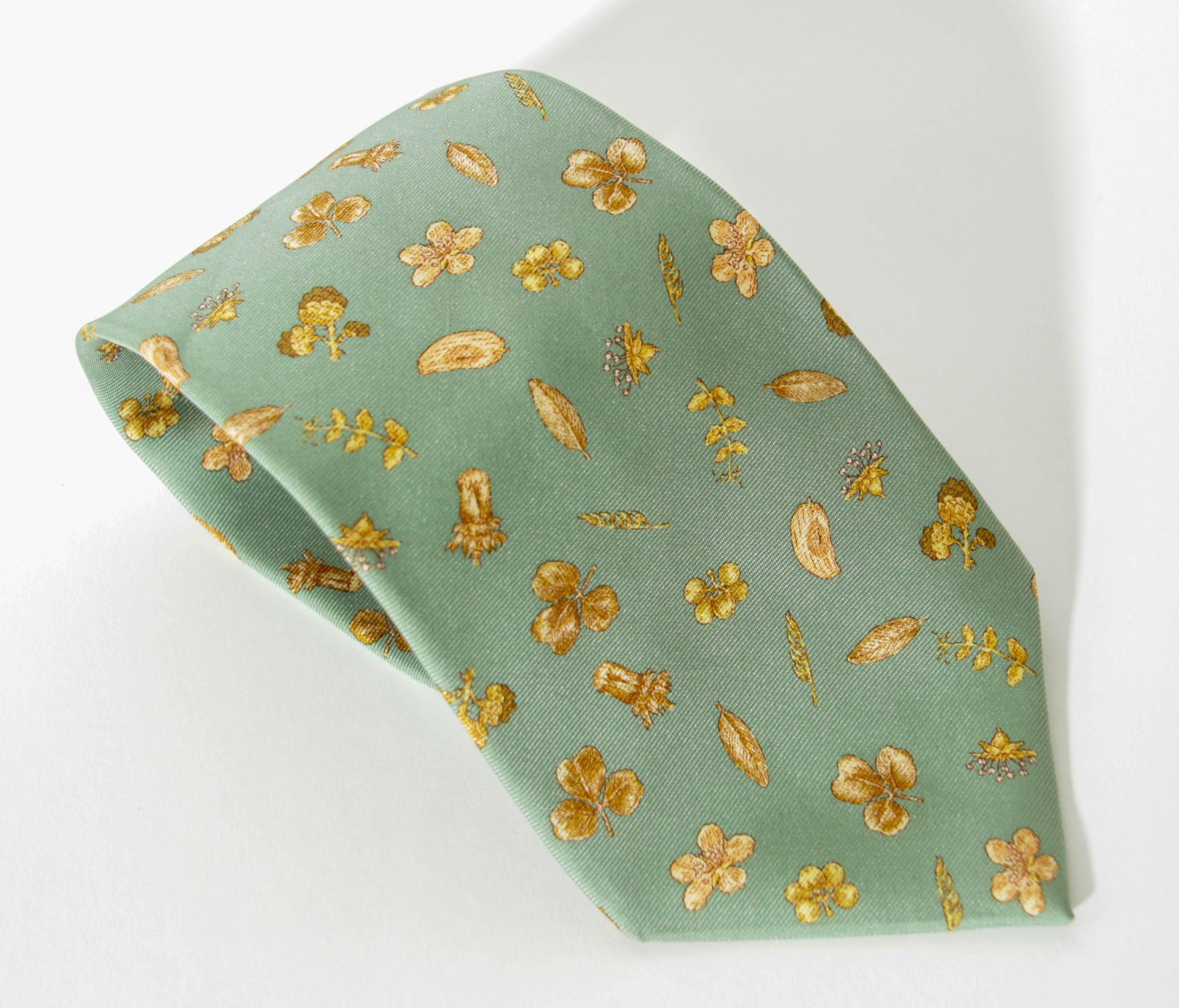 Asprey London Teal Silk Tie with Gold Floral Print For Sale 8