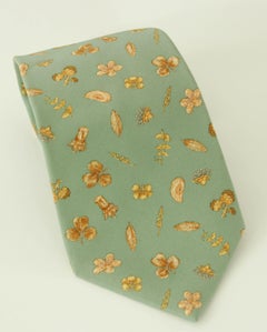 Asprey London Teal Silk Tie with Gold Floral Print