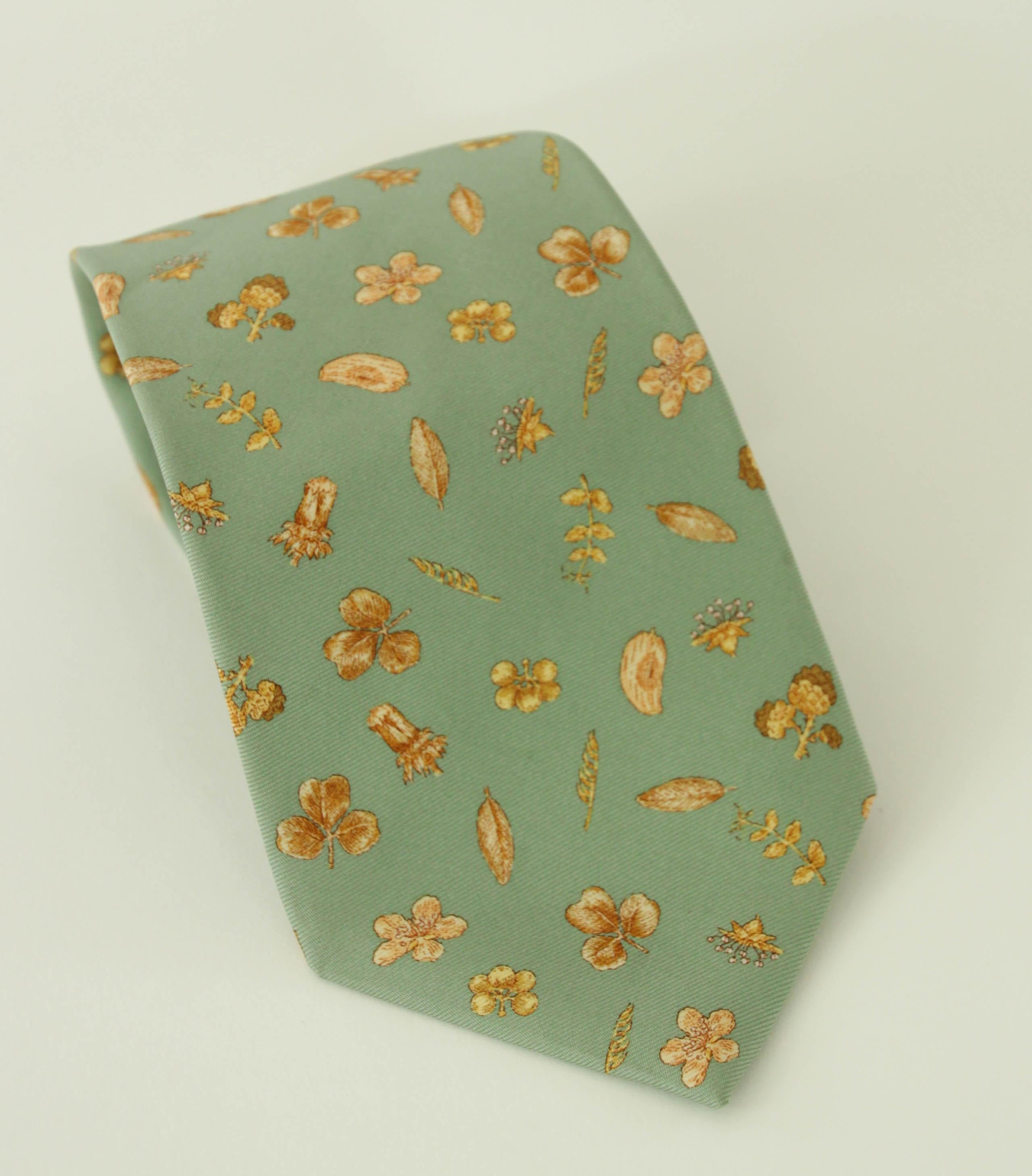 Asprey London Teal Silk Tie with Gold Floral Print In Good Condition For Sale In North Hollywood, CA