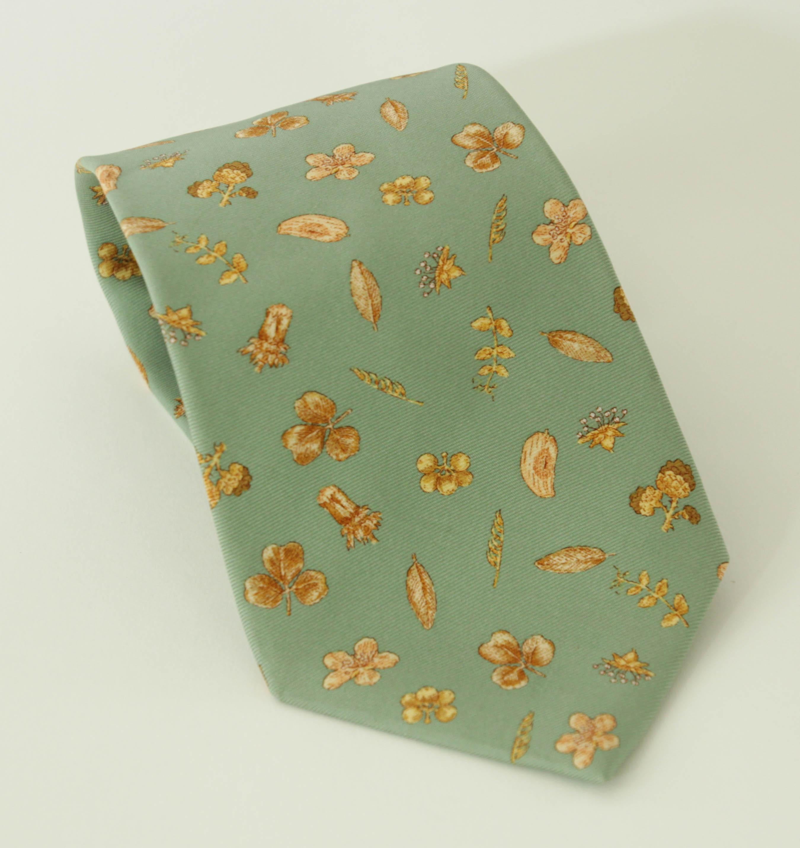 Men's Asprey London Teal Silk Tie with Gold Floral Print For Sale