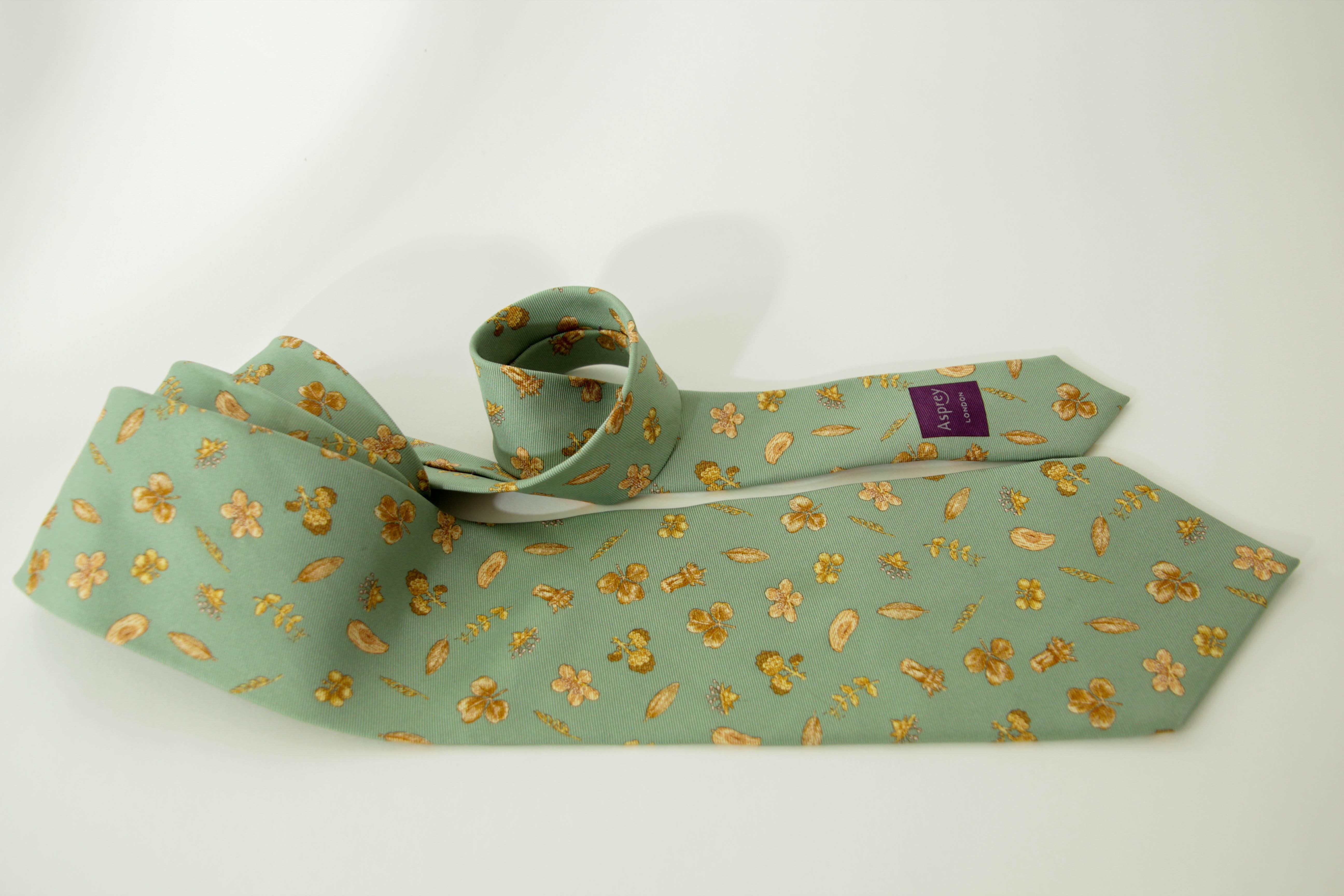 Asprey London Teal Silk Tie with Gold Floral Print For Sale 1