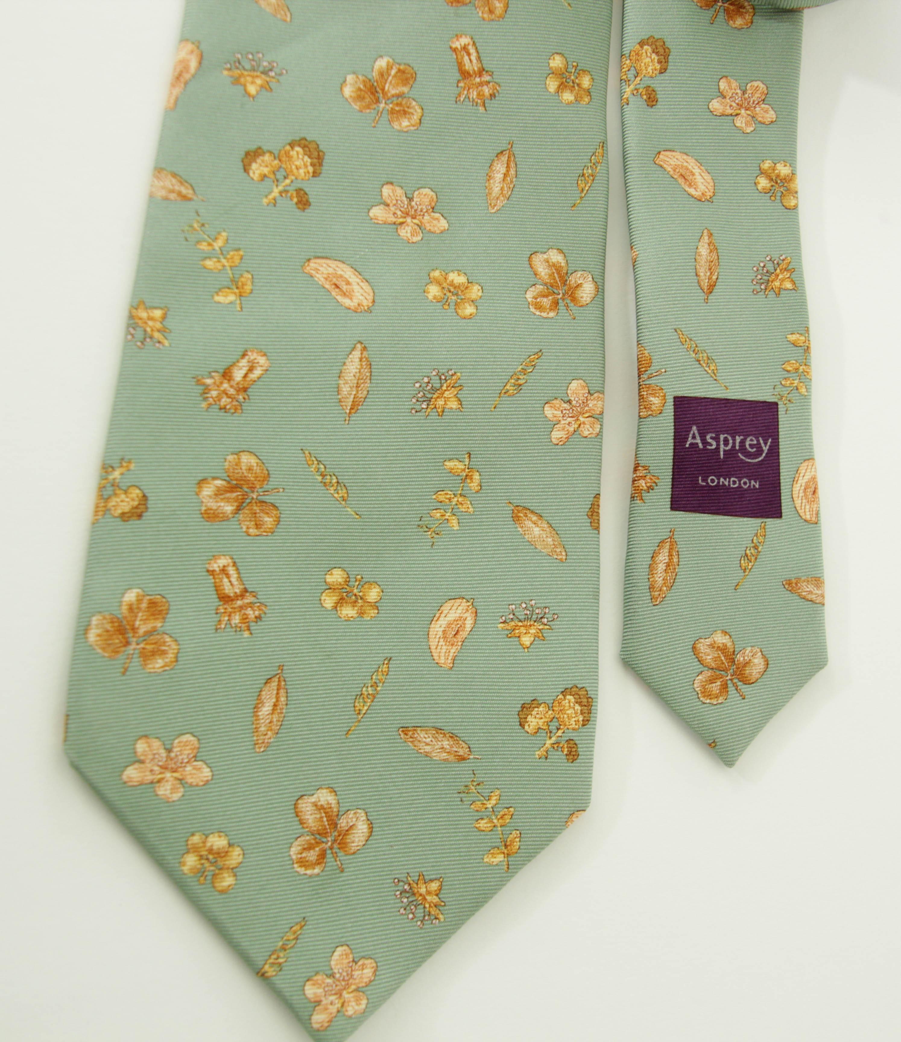 Asprey London Teal Silk Tie with Gold Floral Print For Sale 2