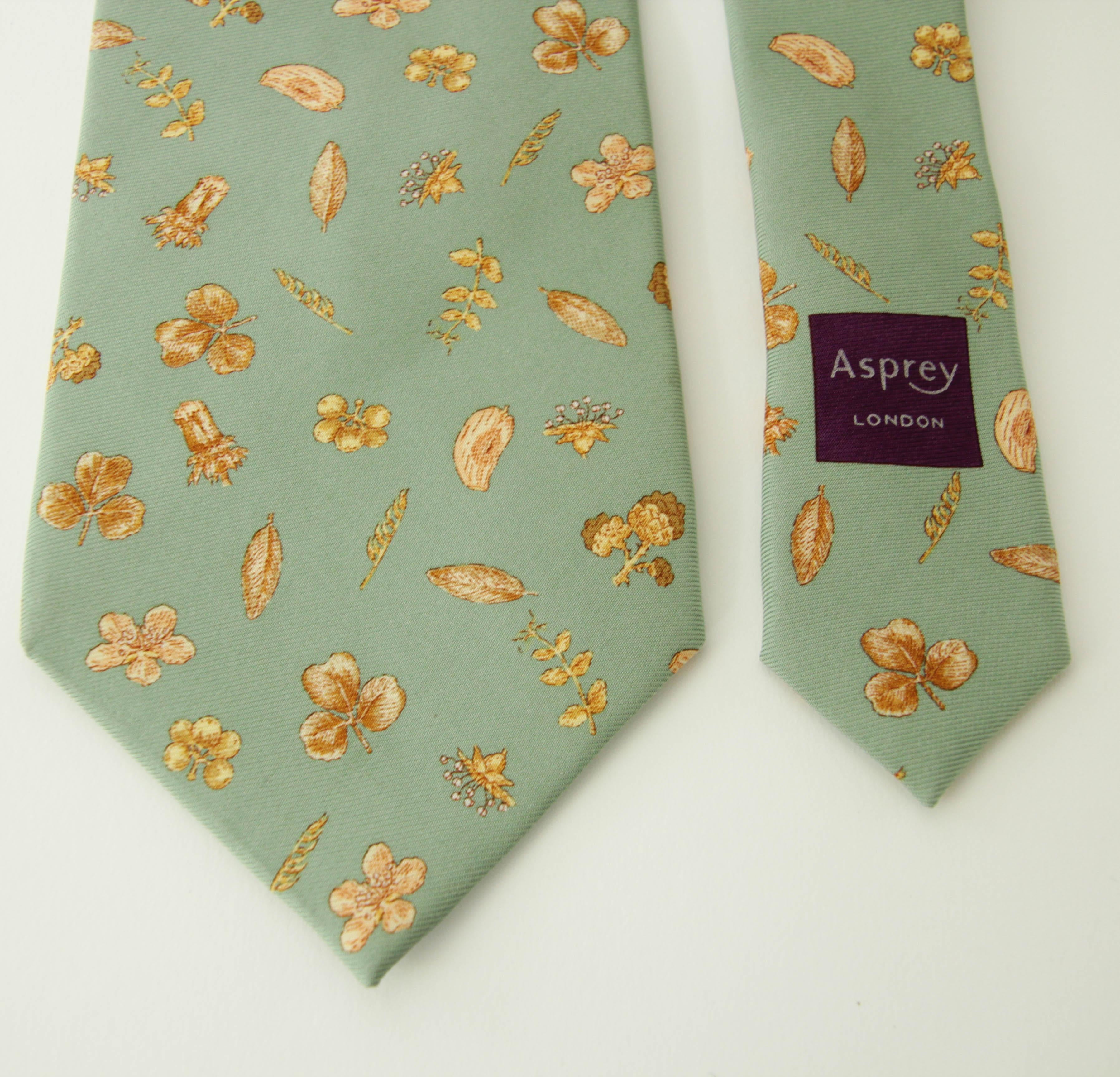 Asprey London Teal Silk Tie with Gold Floral Print For Sale 3