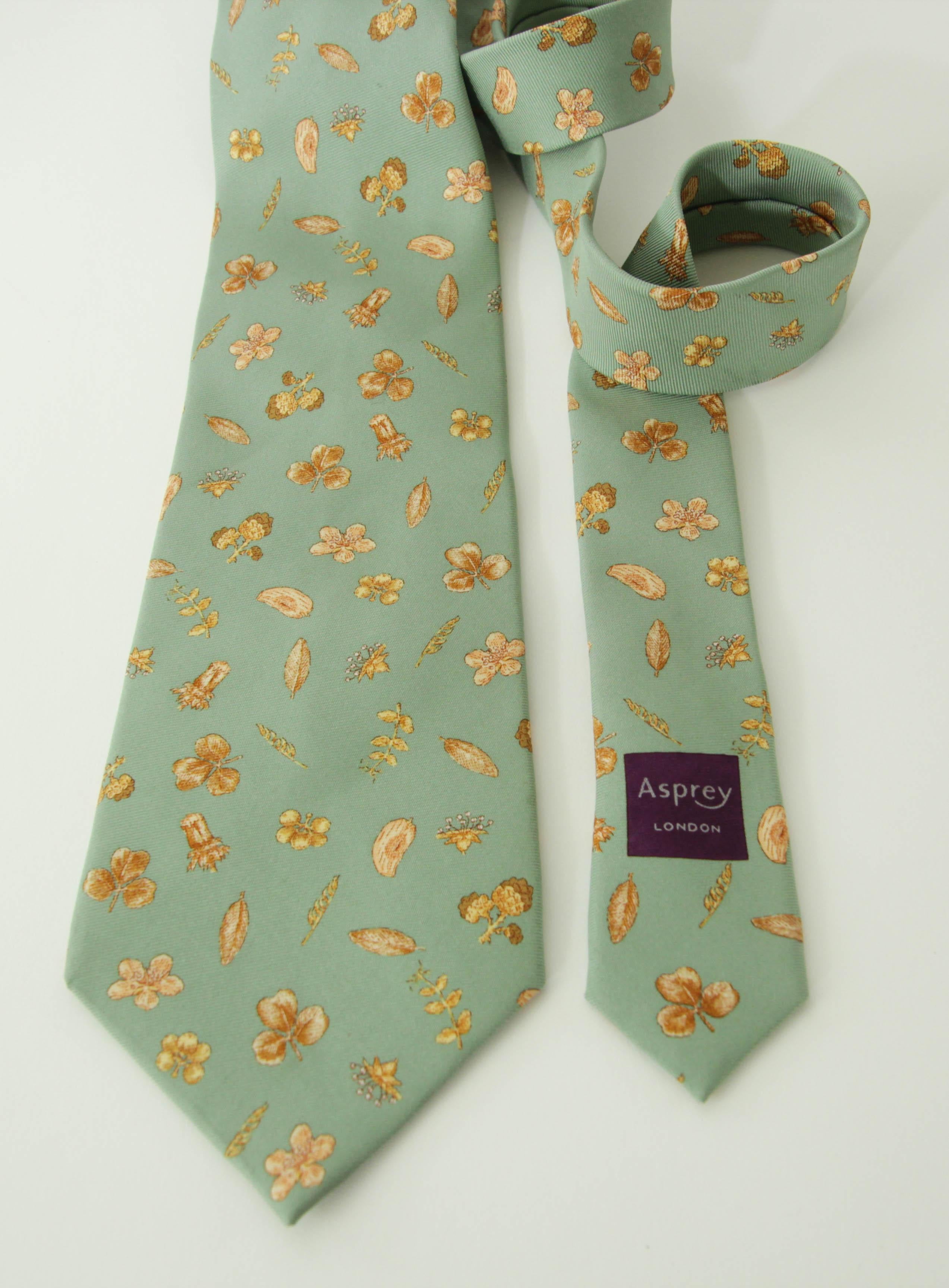 Asprey London Teal Silk Tie with Gold Floral Print For Sale 4