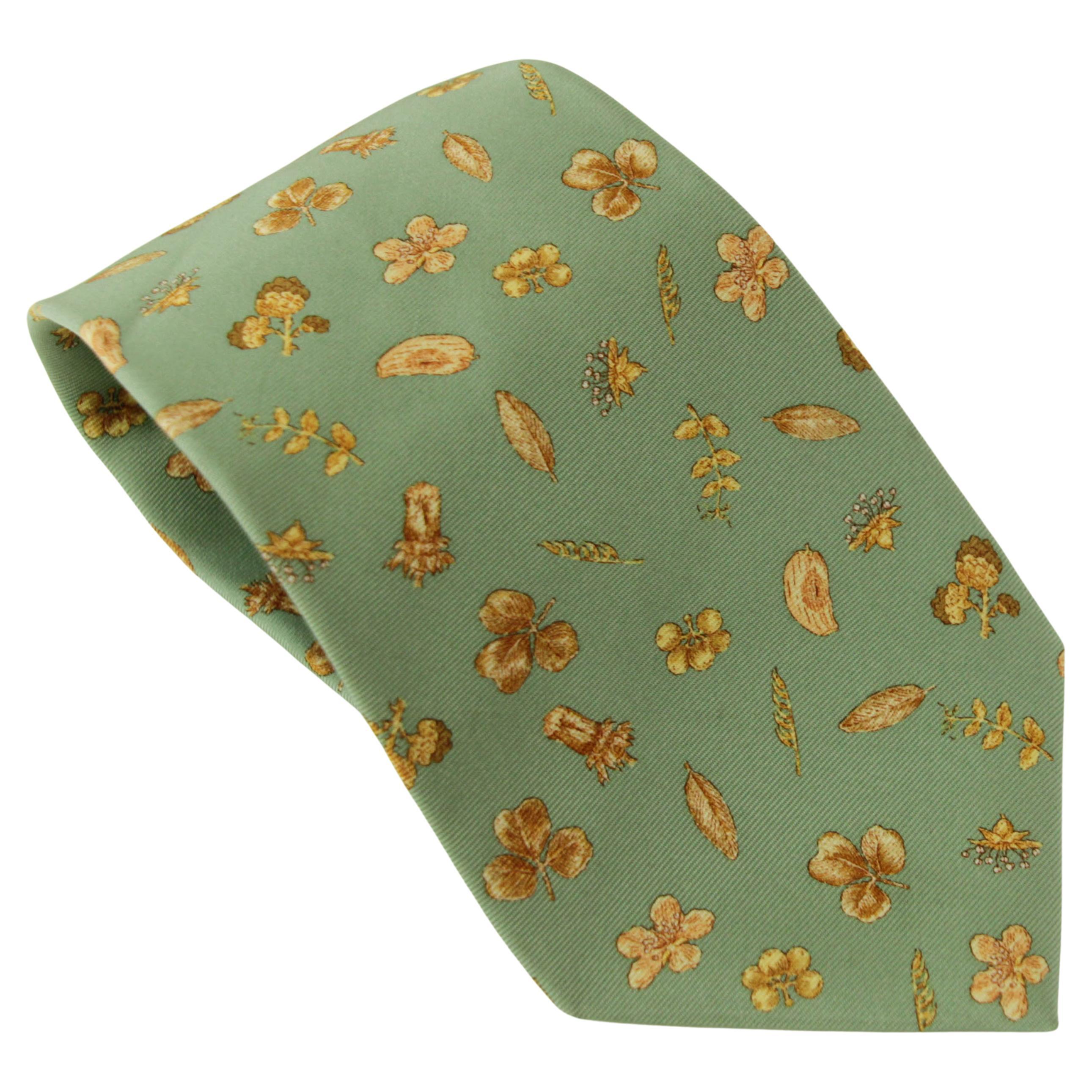 Asprey London Teal Silk Tie with Gold Floral Print For Sale