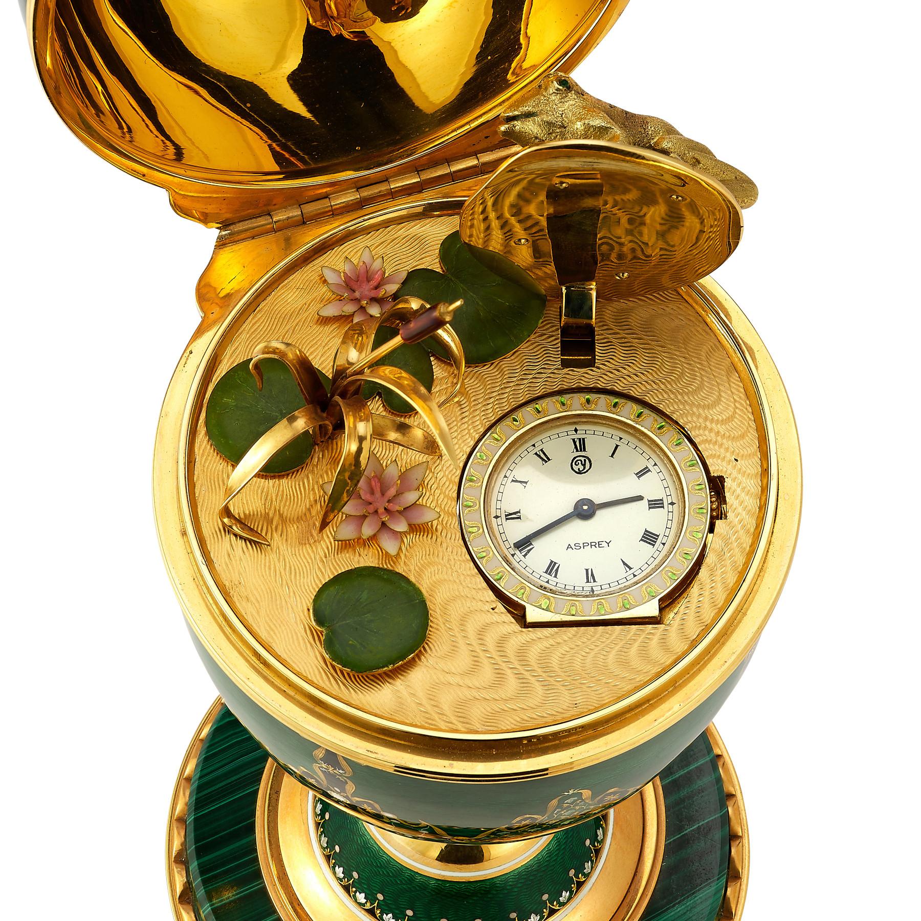 Asprey Malachite & Enamel Desk Clock In Excellent Condition In New York, NY
