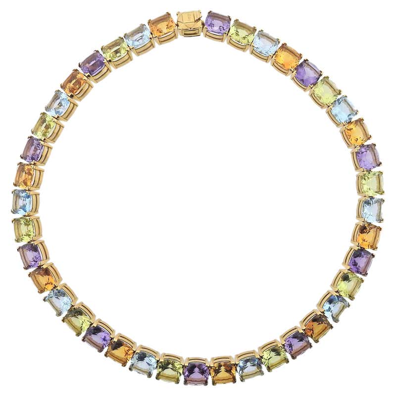 Multi-Color Gemstone Diamond Gold Necklace For Sale at 1stDibs