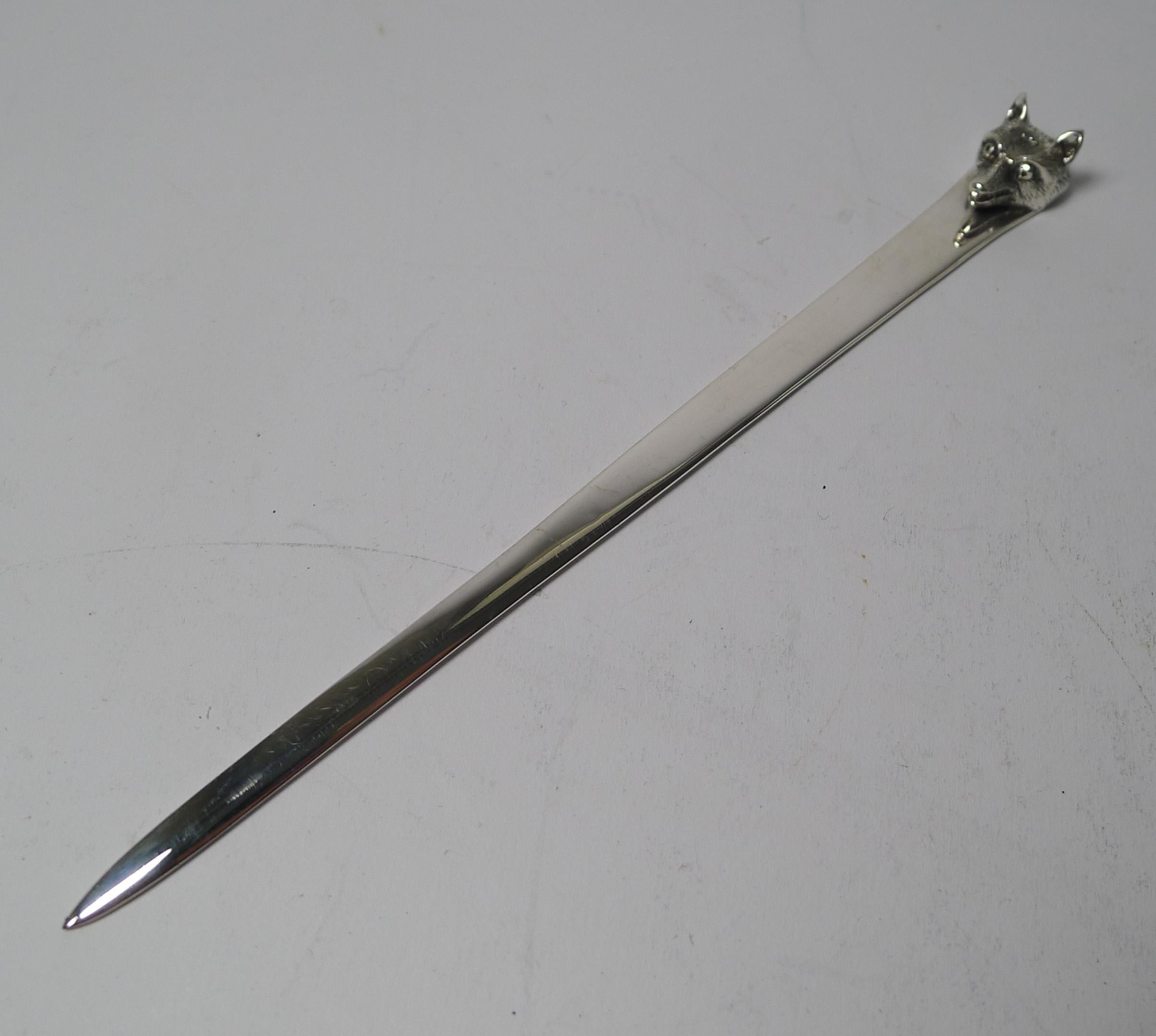 Made in the Art Deco era, this splendid solid sterling silver letter opener has a handle featuring a handsome Fox's head, always highly sought-after.

What makes this particularly collectable is that it is a period piece, nearly 100 years old and