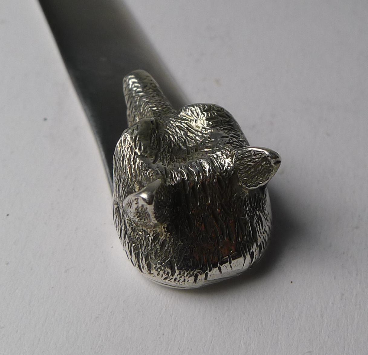 English Asprey, Novelty Silver Fox Letter Opener, Chester 1928