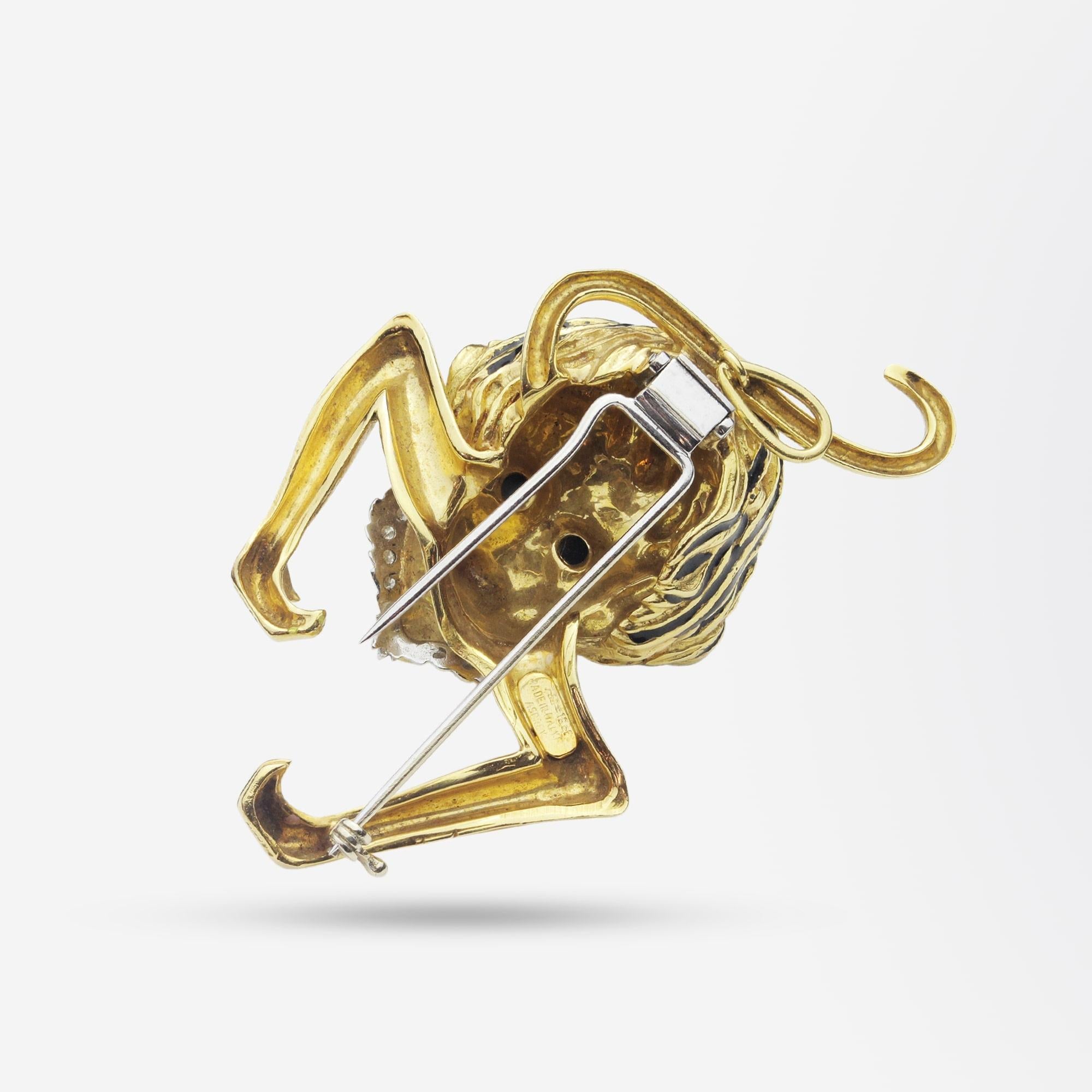 Modern Asprey of London 18 Karat Gold and Enamel Monkey Brooch Pendant For Sale