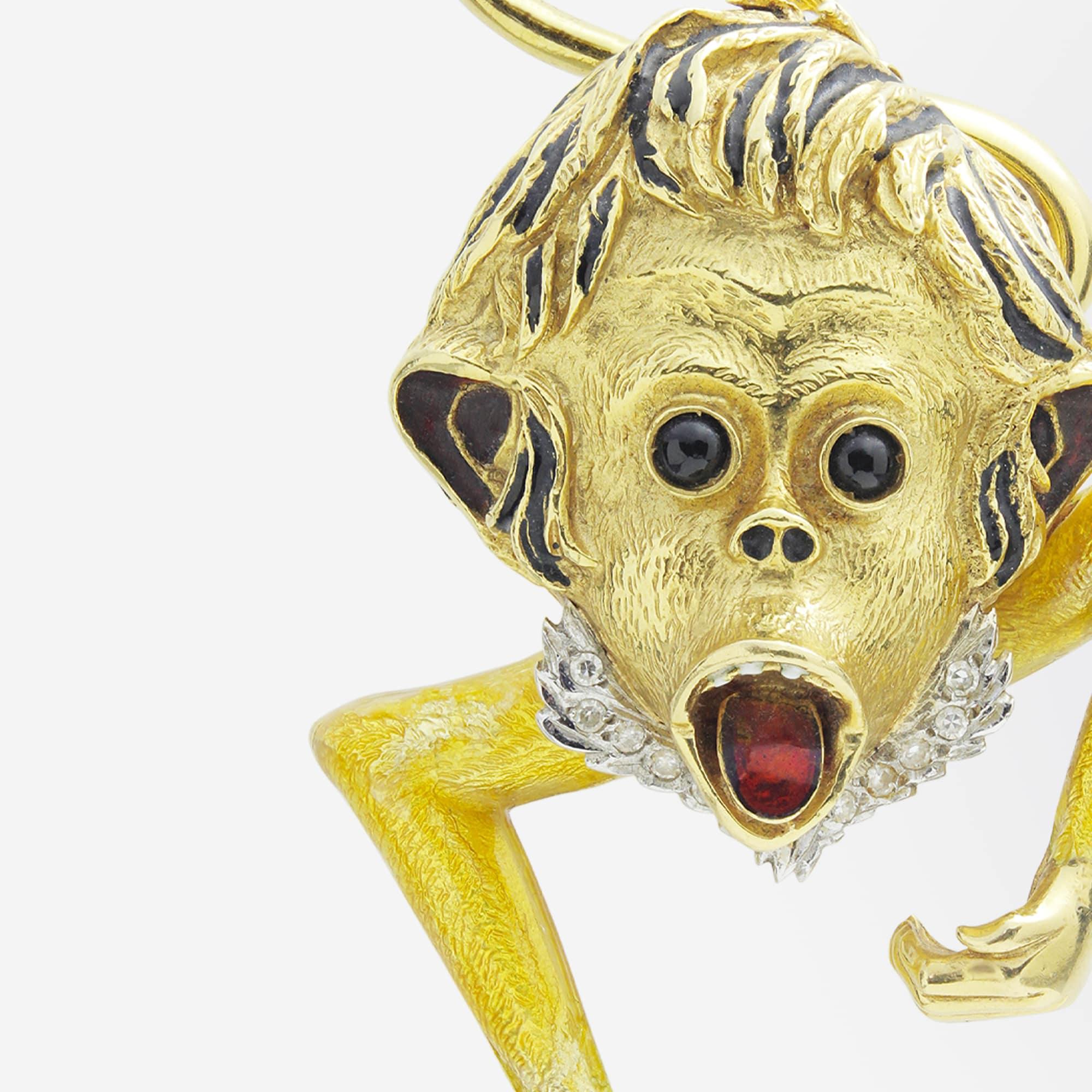 Single Cut Asprey of London 18 Karat Gold and Enamel Monkey Brooch Pendant For Sale