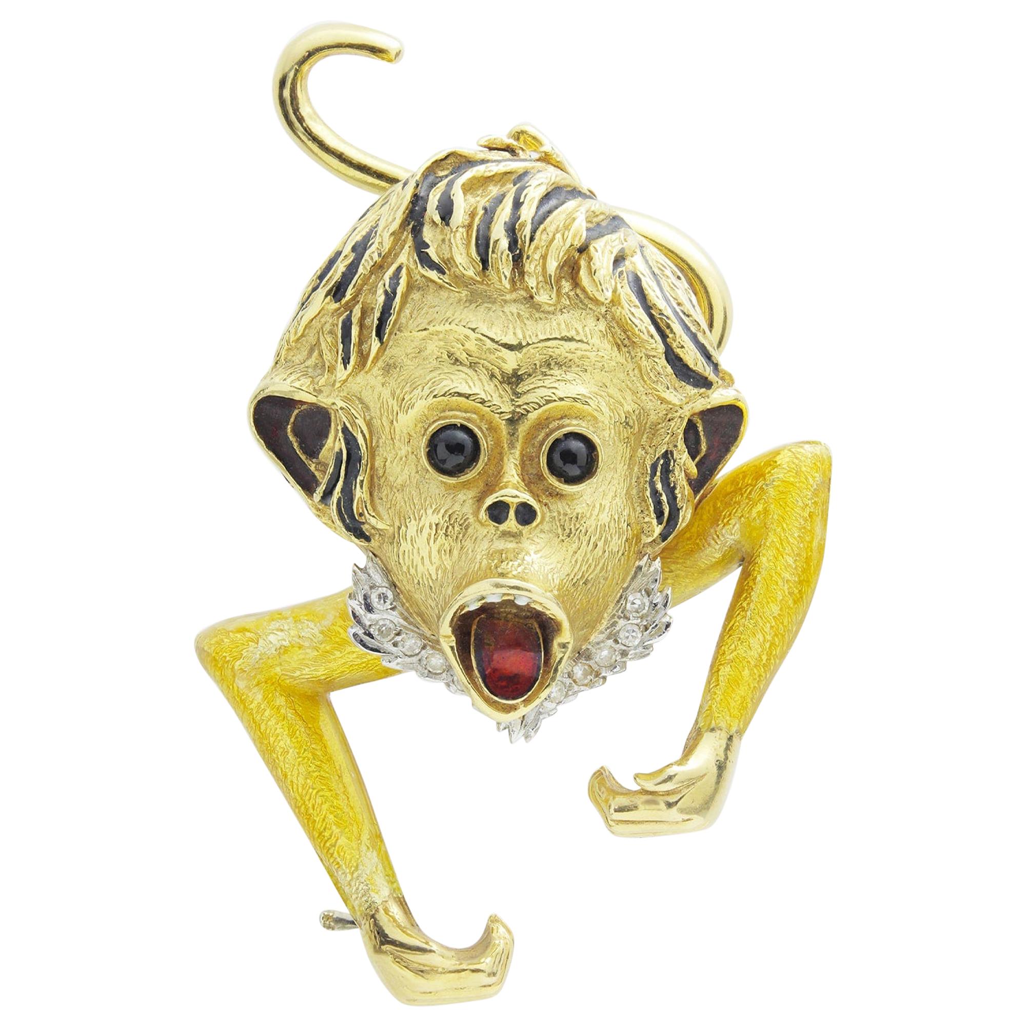 Asprey of London 18 Karat Gold and Enamel Monkey Brooch Pendant For Sale