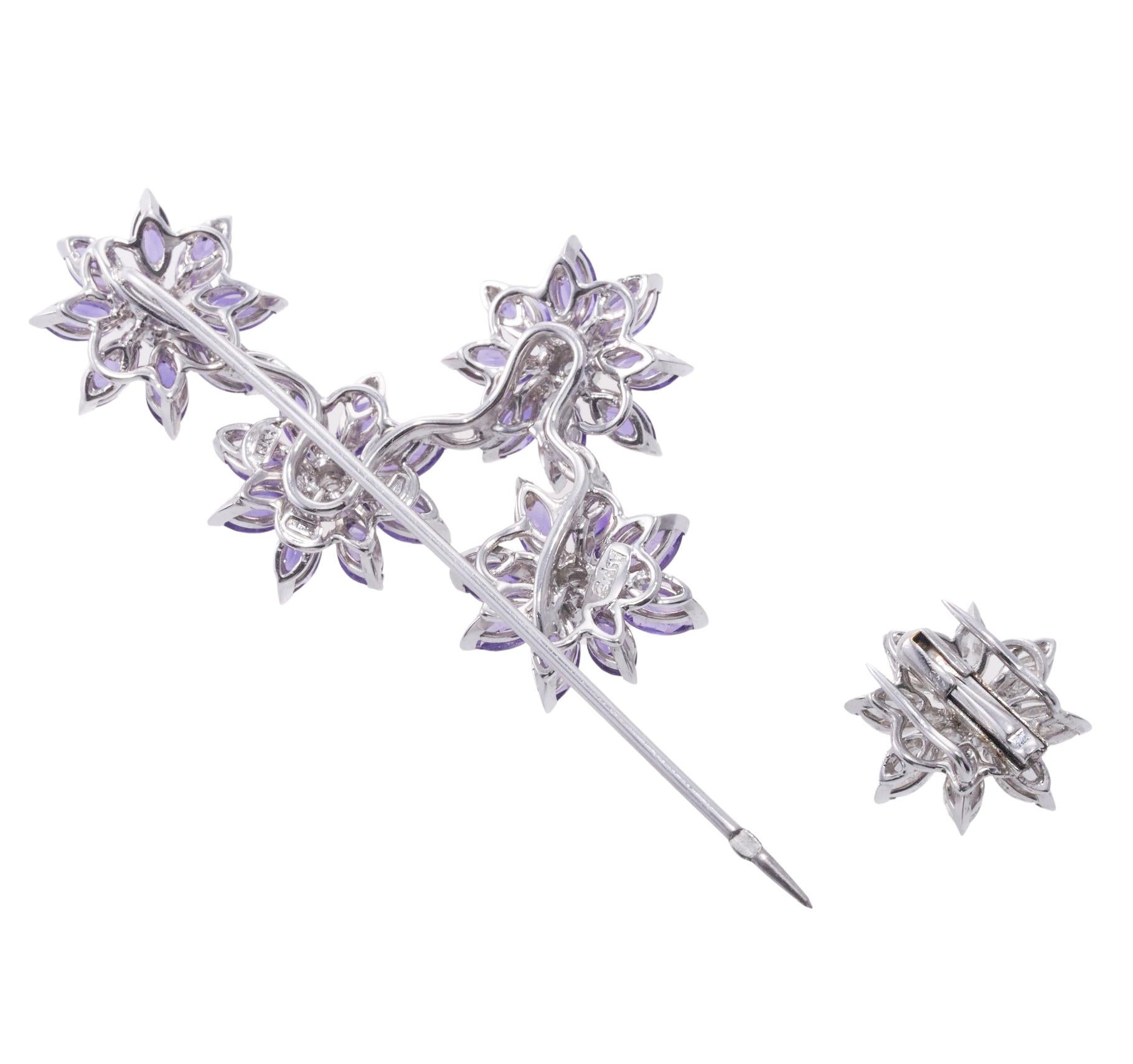 Asprey of London Amethyst and Diamond Flower Gold Jabot Brooch  In Excellent Condition For Sale In New York, NY