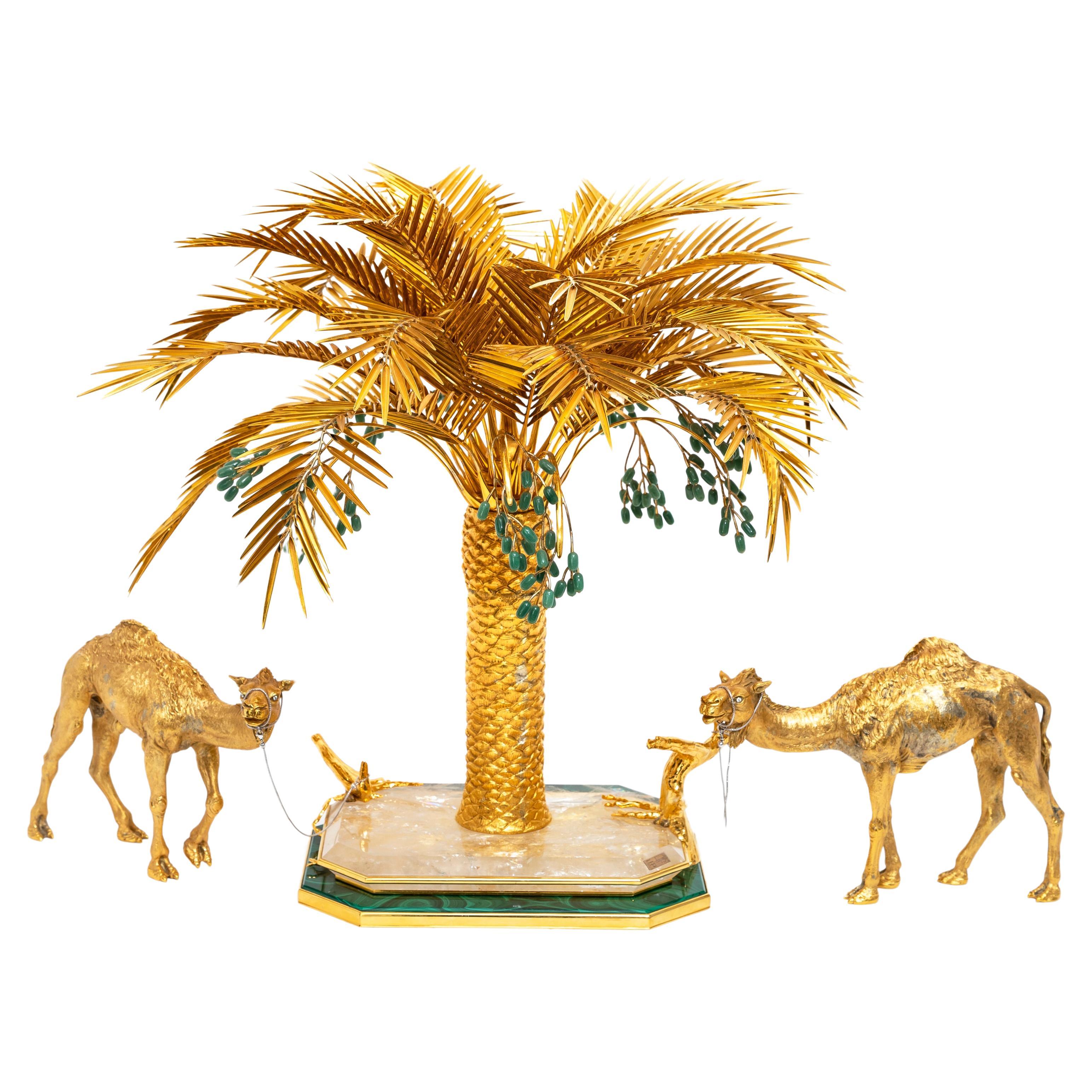 Asprey Orientalista Centro de Mesa de Plata Dorada con Palmera y Camello y Jade y Diamantes