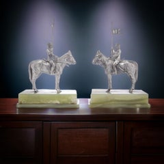 Asprey Pair or Horseriding Solid Silver Figurines on Marble Bases, London, 1977