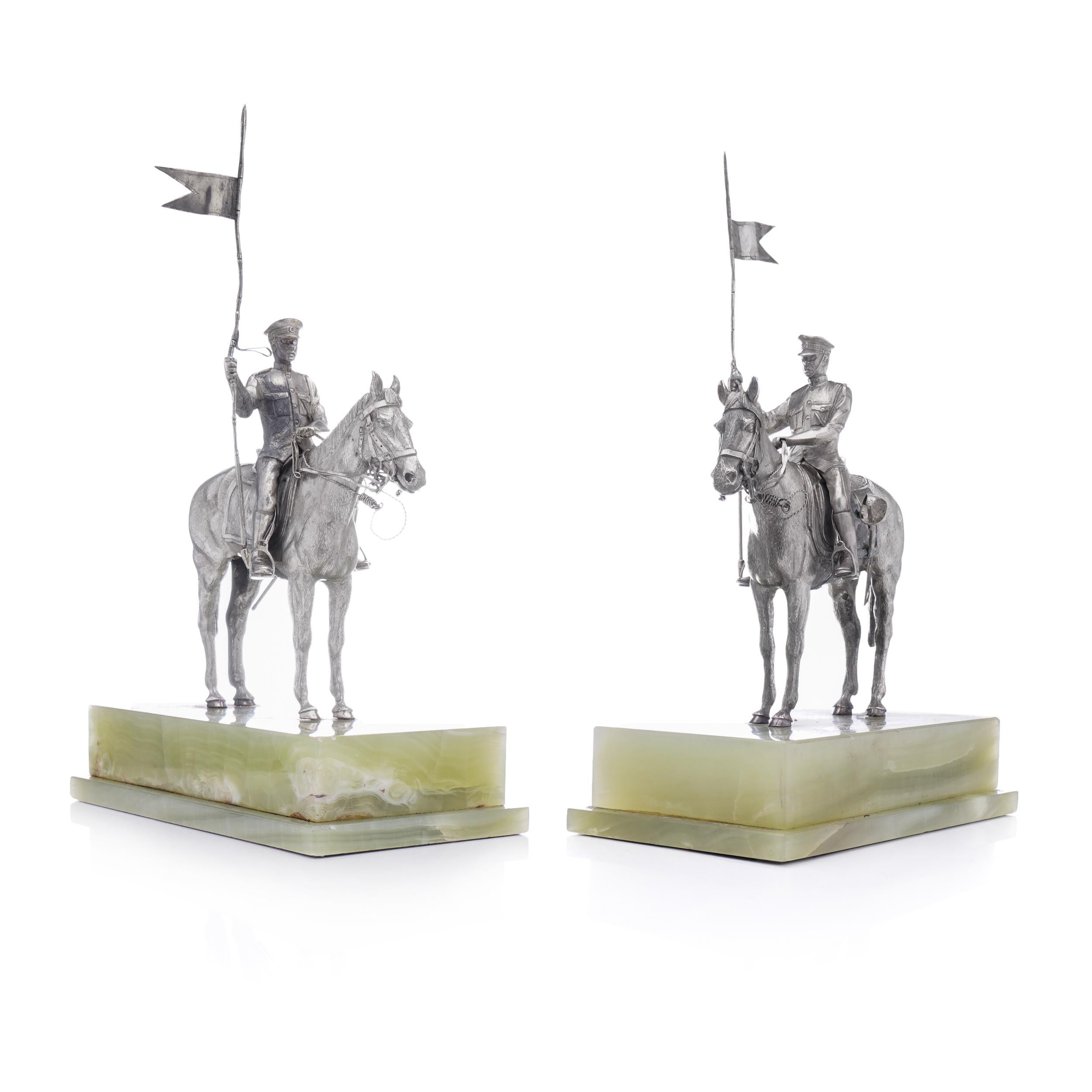 British Asprey Pair or Horseriding Solid Silver Figurines on Marble Bases, London, 1977 For Sale