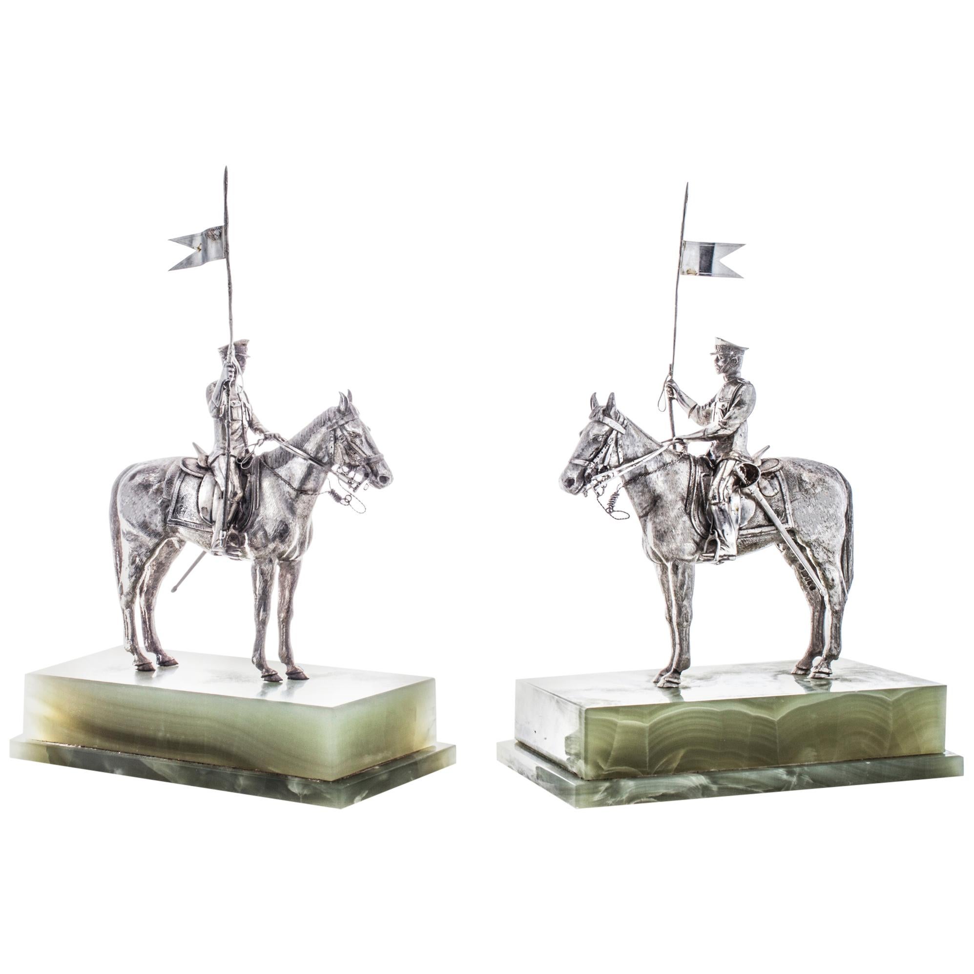 Asprey Pair or Horseriding Solid Silver Figurines on Marble Bases