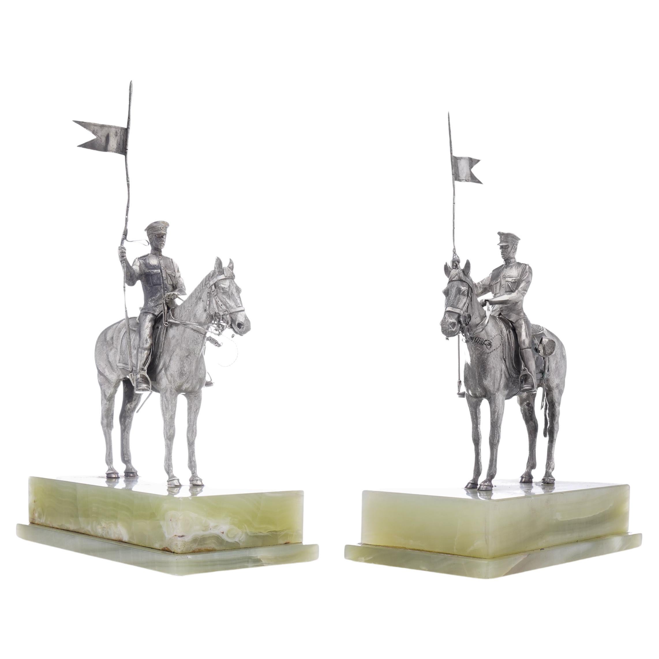 Asprey Pair or Horseriding Solid Silver Figurines on Marble Bases, London, 1977 For Sale