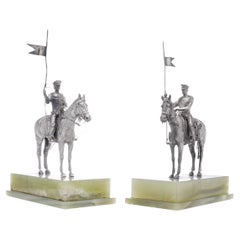 Vintage Asprey Pair or Horseriding Solid Silver Figurines on Marble Bases, London, 1977