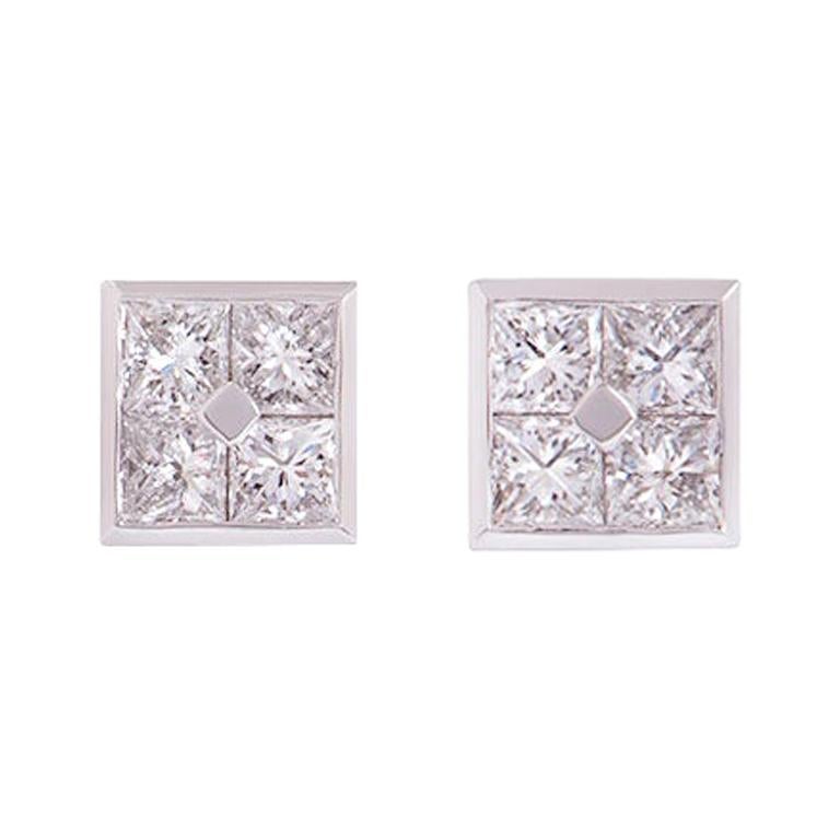 Asprey Platinum Square Design Princess Cut Diamond Stud Earrings 1.48 Carat