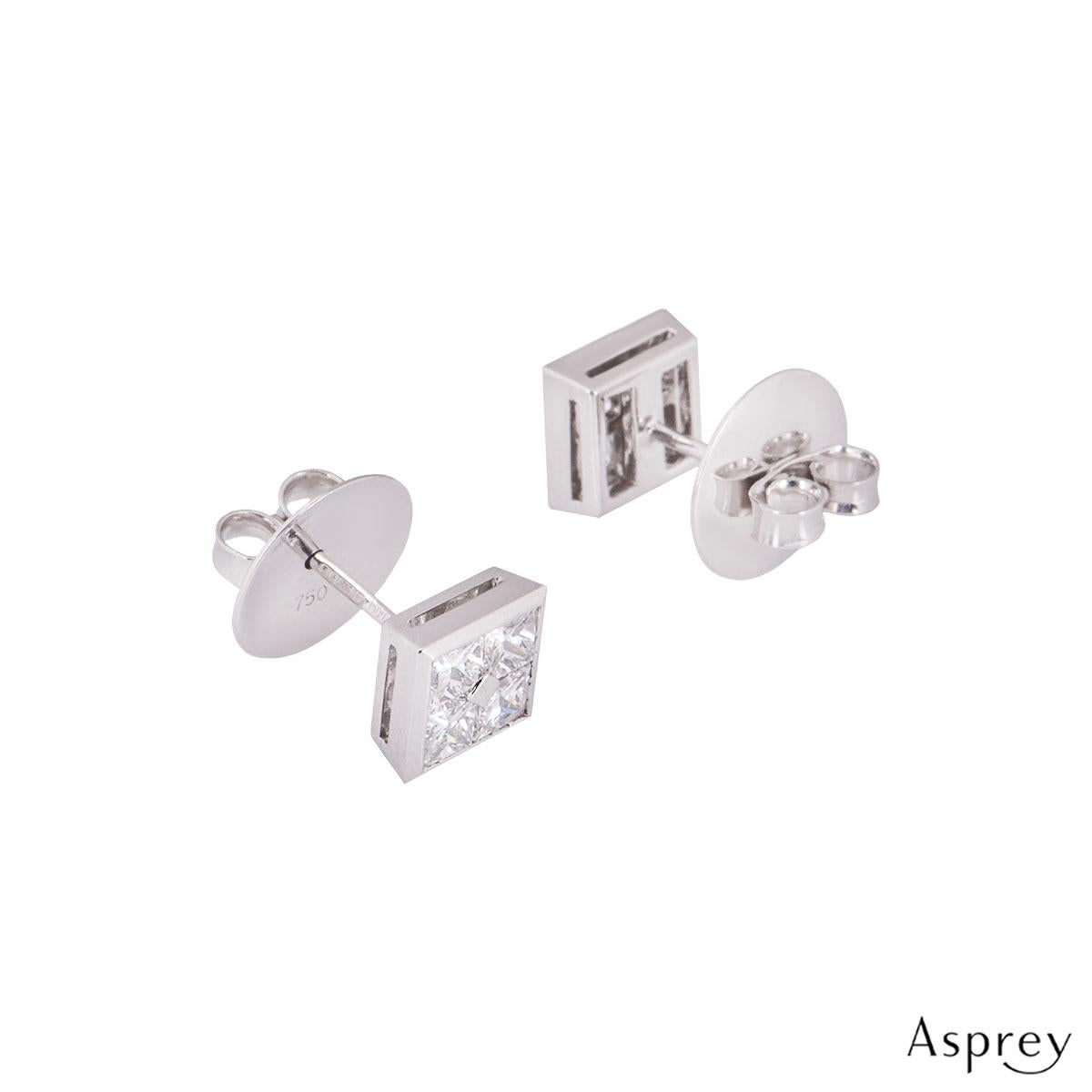 Women's Asprey Platinum Square Design Princess Cut Diamond Stud Earrings 1.48 Carat