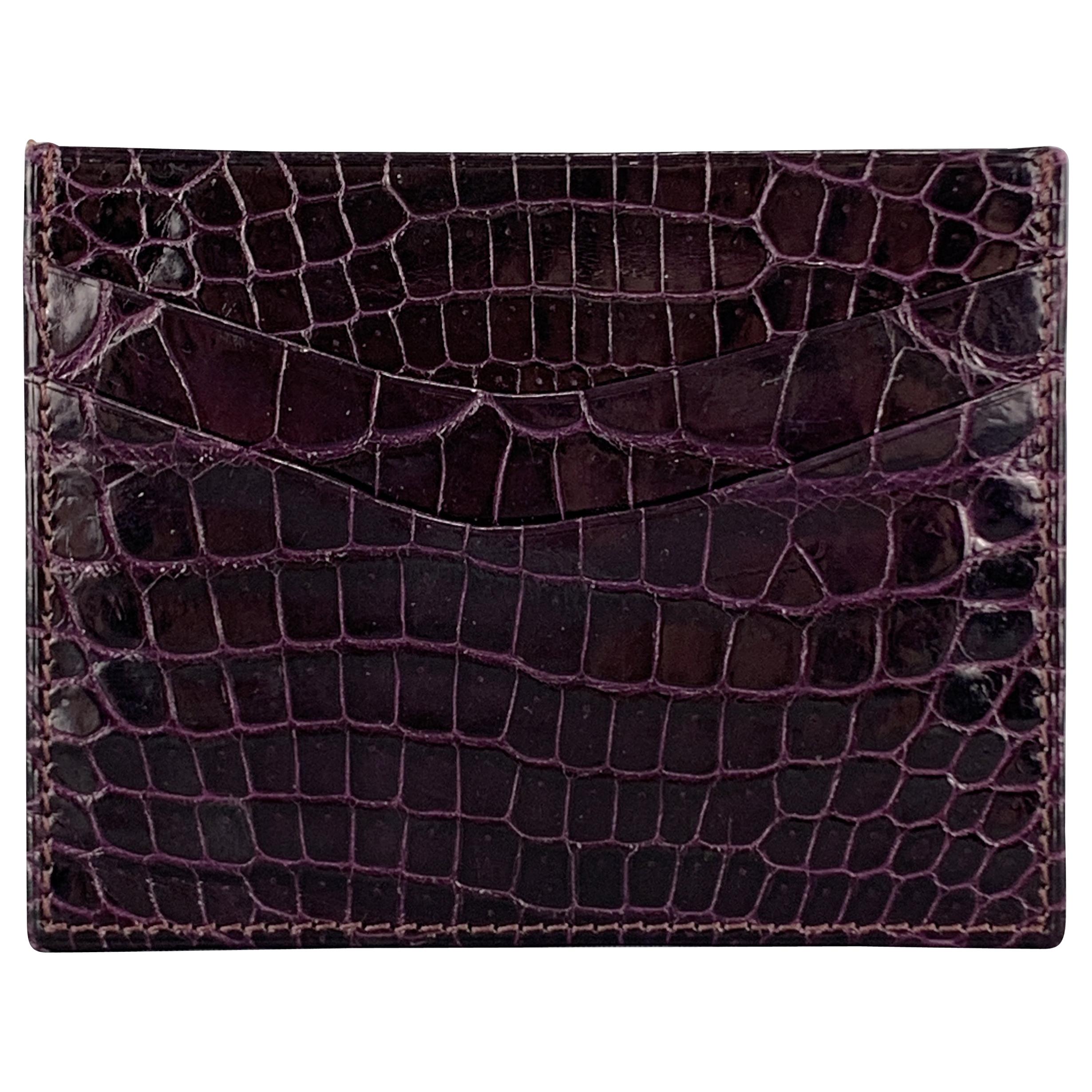 ASPREY Purple Plum Crocodile Rectangle Flat Card Case