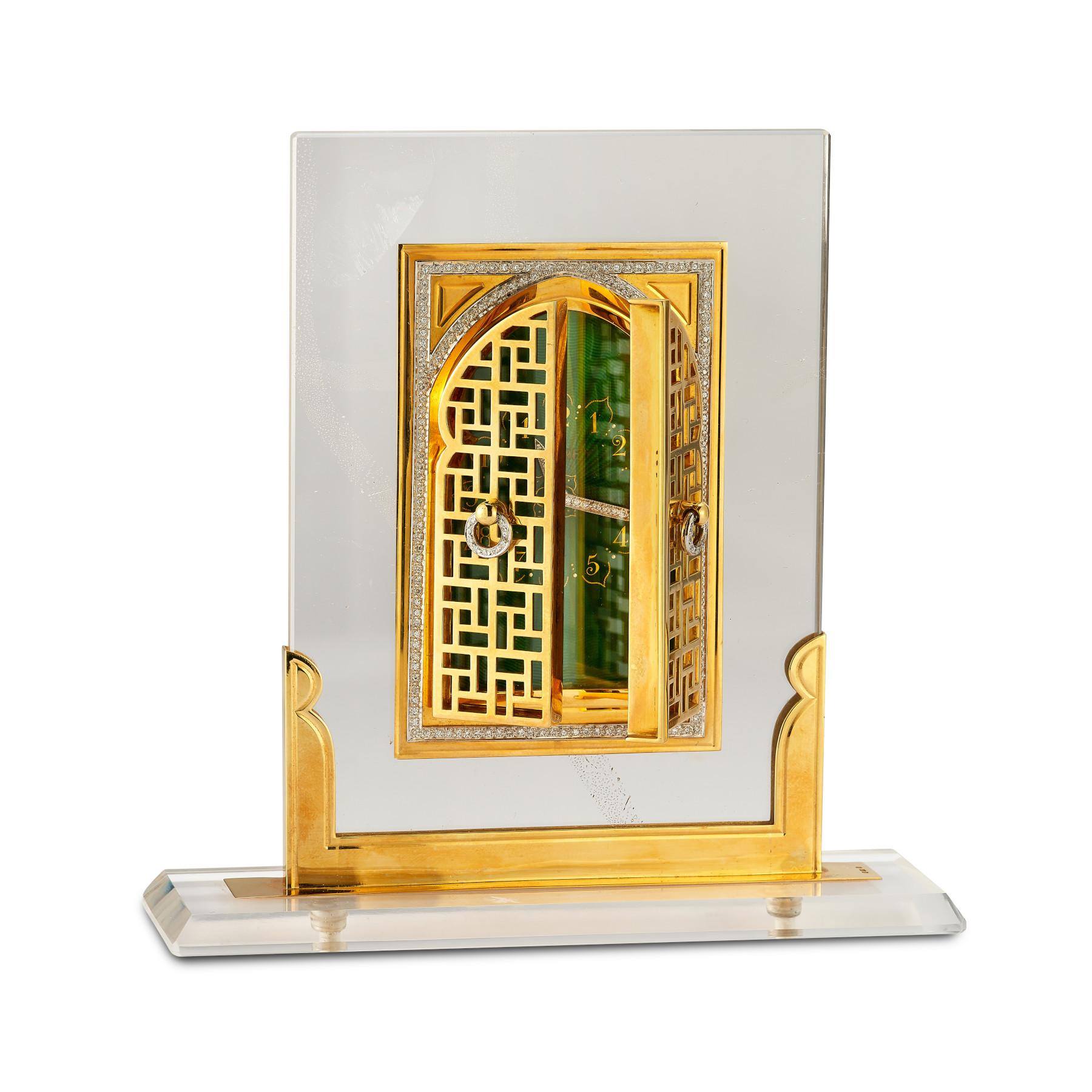 Brilliant Cut Asprey Rock Crystal, Diamond & Enamel Desk Clock For Sale
