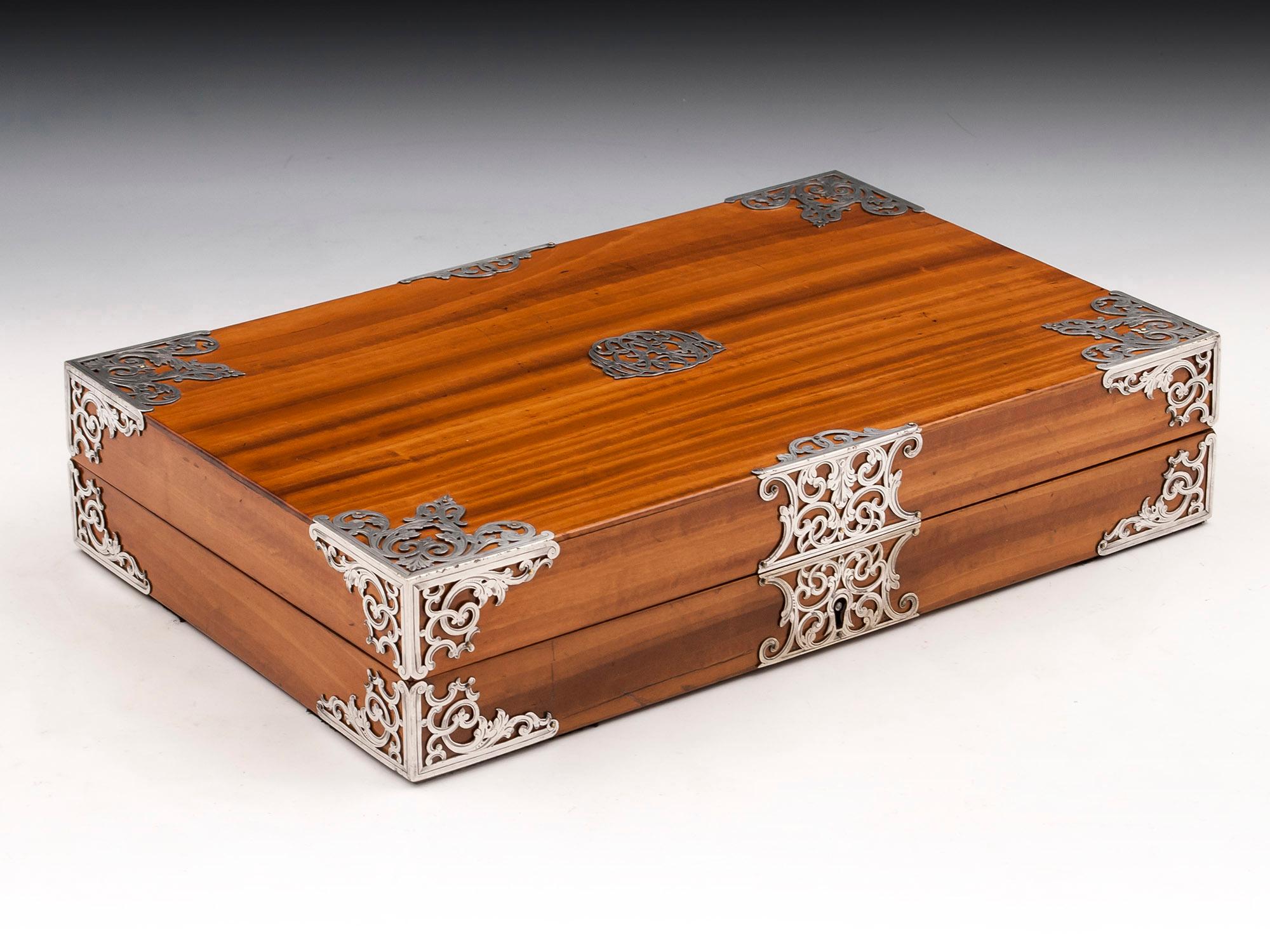 British Asprey Satinwood Engraved Silver Jewelry Box 