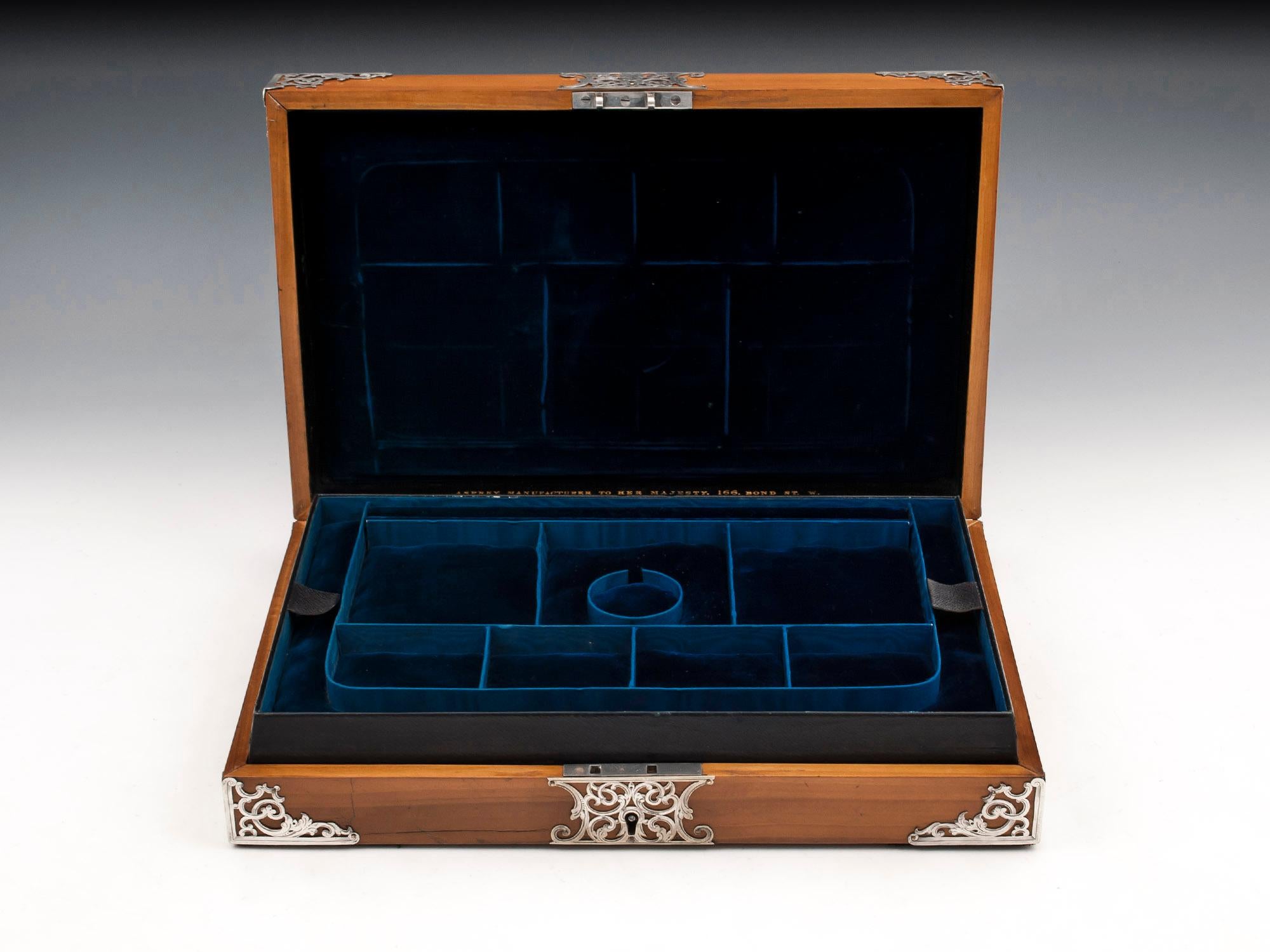 20th Century Asprey Satinwood Engraved Silver Jewelry Box 