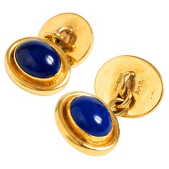 Asprey Signed Cufflinks, 9K Yellow Gold, Lapis Lazuli, Classical Look