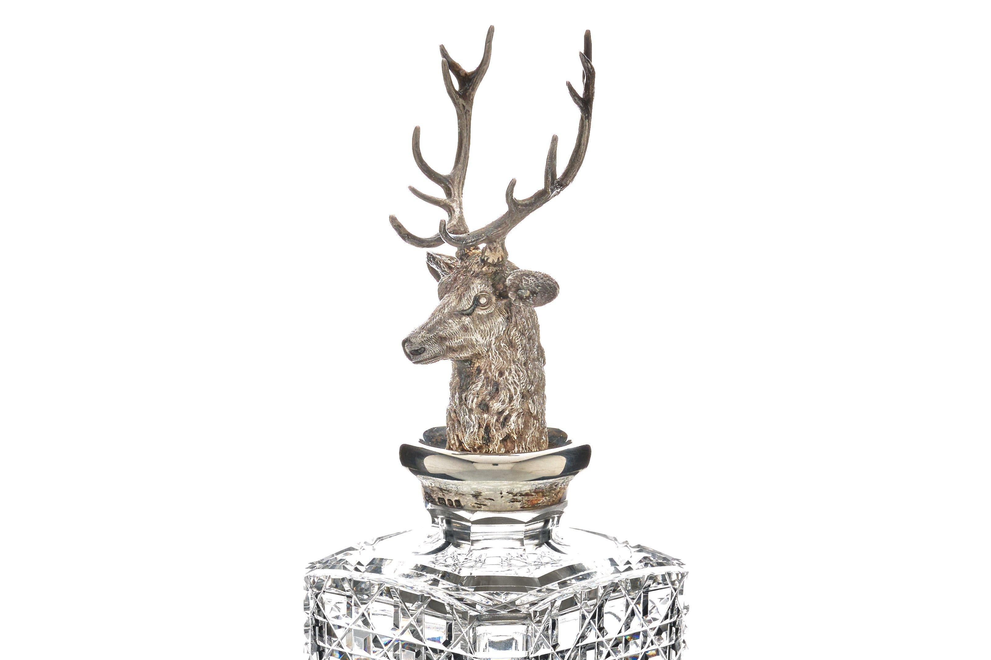 Asprey Sterling Silver and Crystal Stag Decanter In Excellent Condition In New York, NY