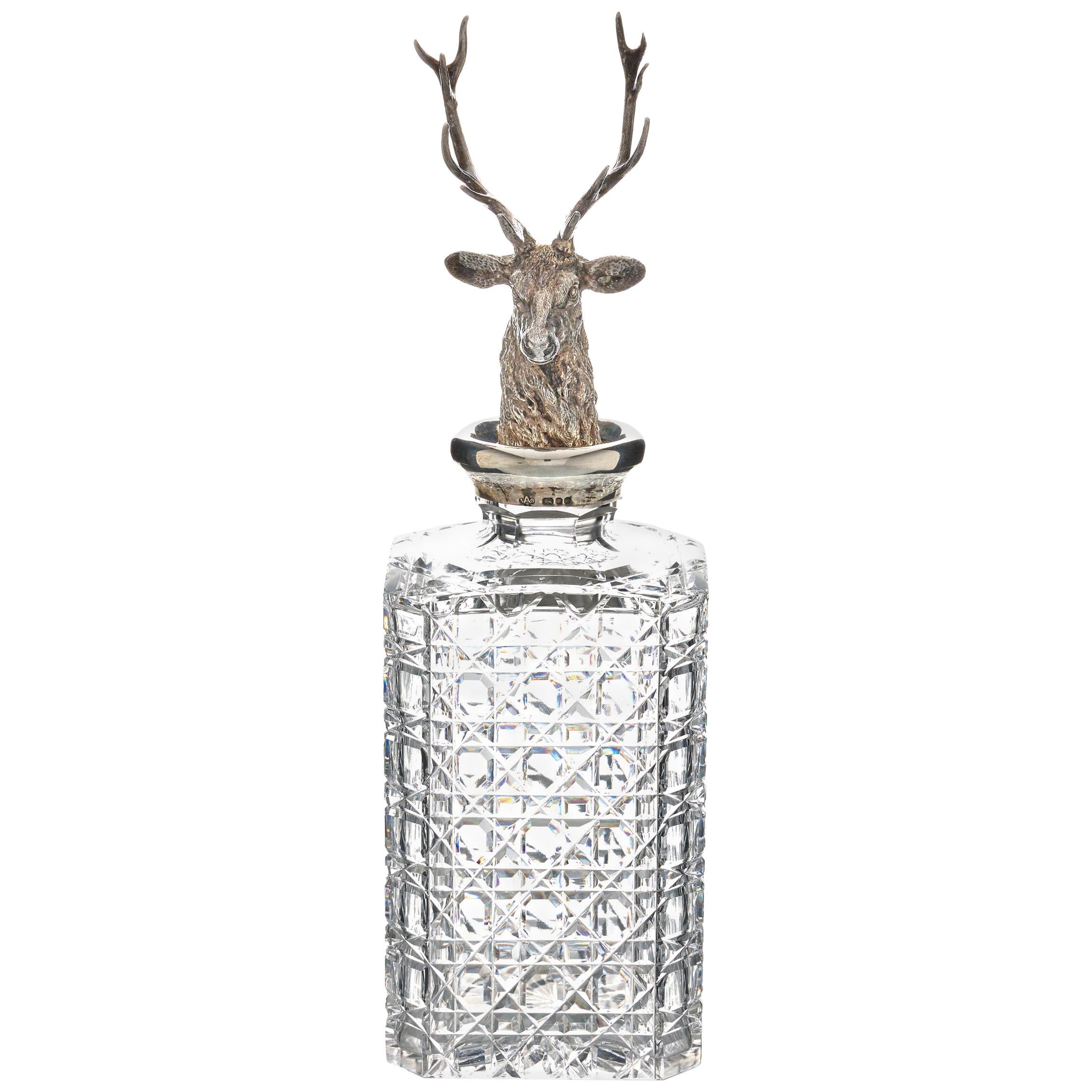 Asprey Sterling Silver and Crystal Stag Decanter