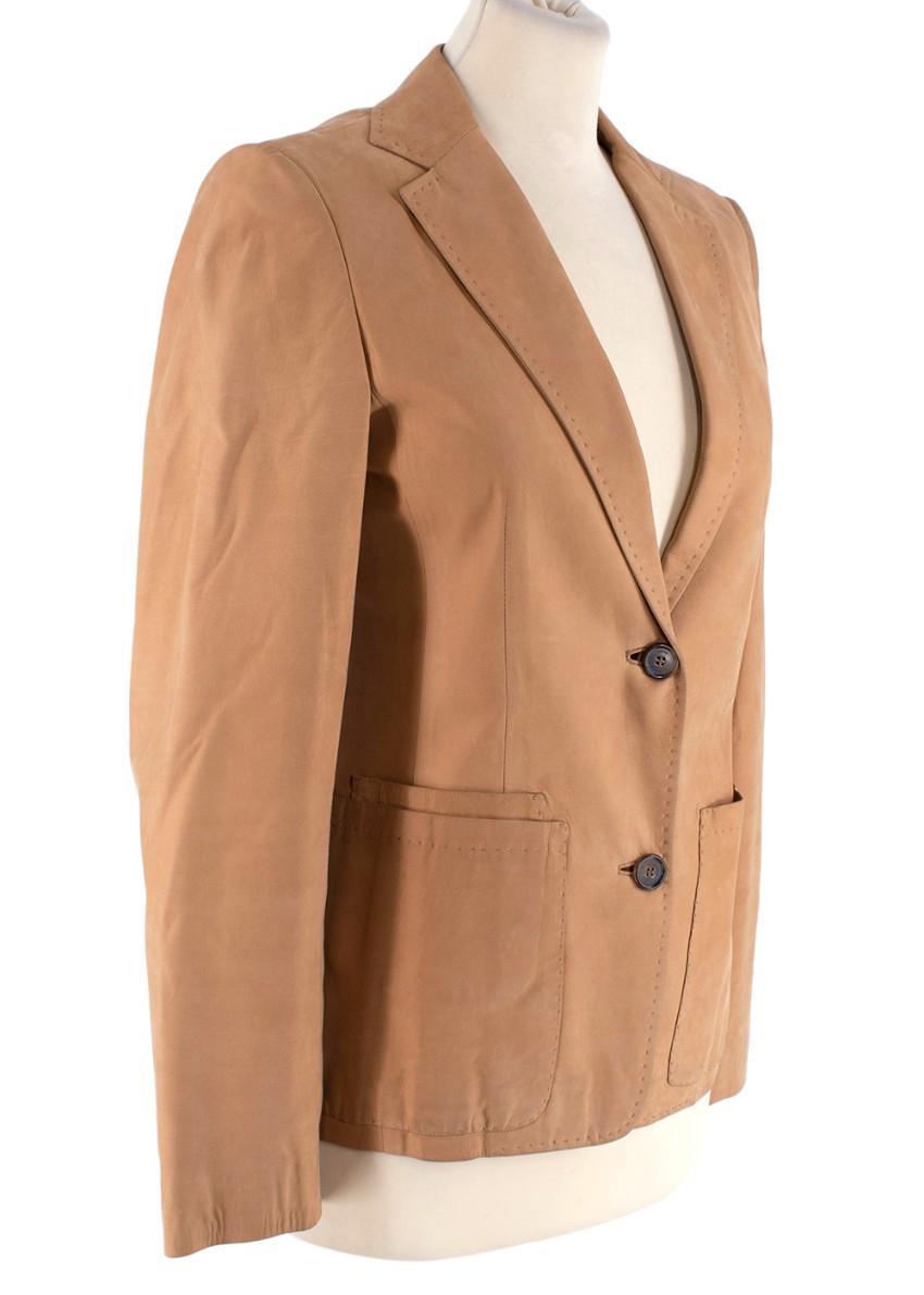 Asprey Tan Leather Single-Breasted Blazer

- Buttery soft tan coloured leather blazer
- Tonal topstitch details on lapels and patch pockets
- Two button closure
- Slim cut style with lightly padded shoulder, and single vent

Materials:
100% Nabuk