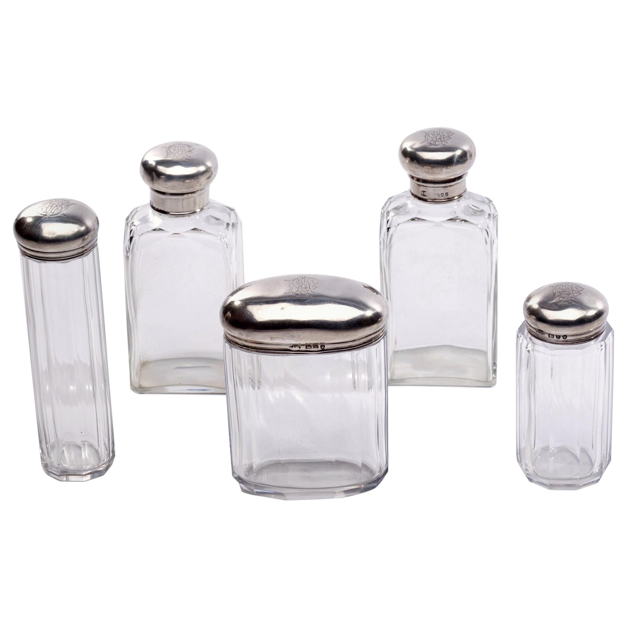 Asprey Victorian Dressing Jars in Sterling and Crystal For Sale