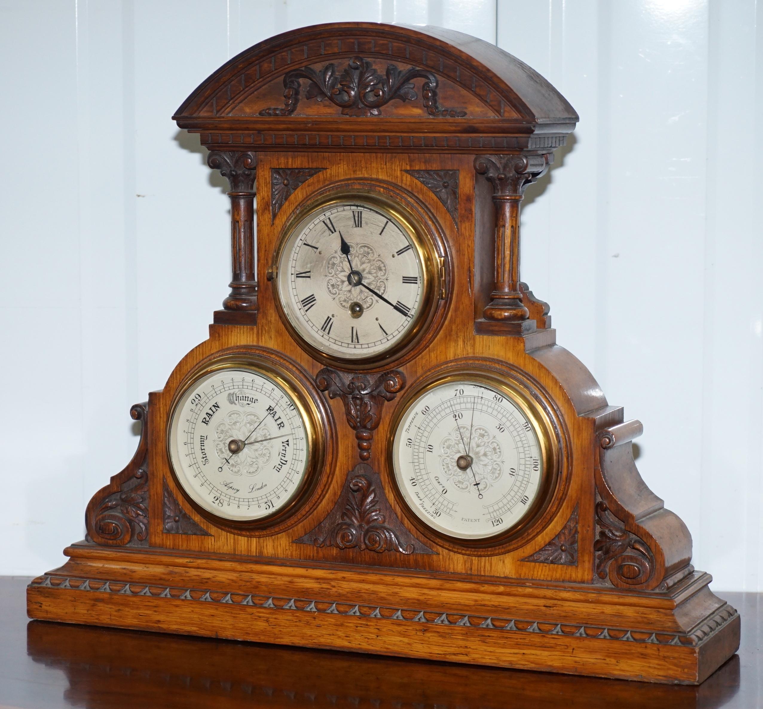 English Asprey Victorian Mahogany Cased Mantle Clock Barometer & Thermometer Combination