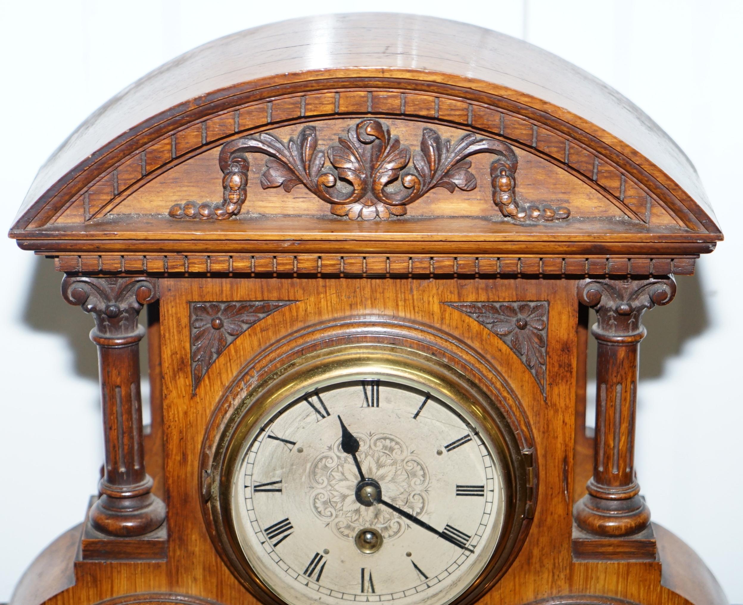 Hand-Carved Asprey Victorian Mahogany Cased Mantle Clock Barometer & Thermometer Combination