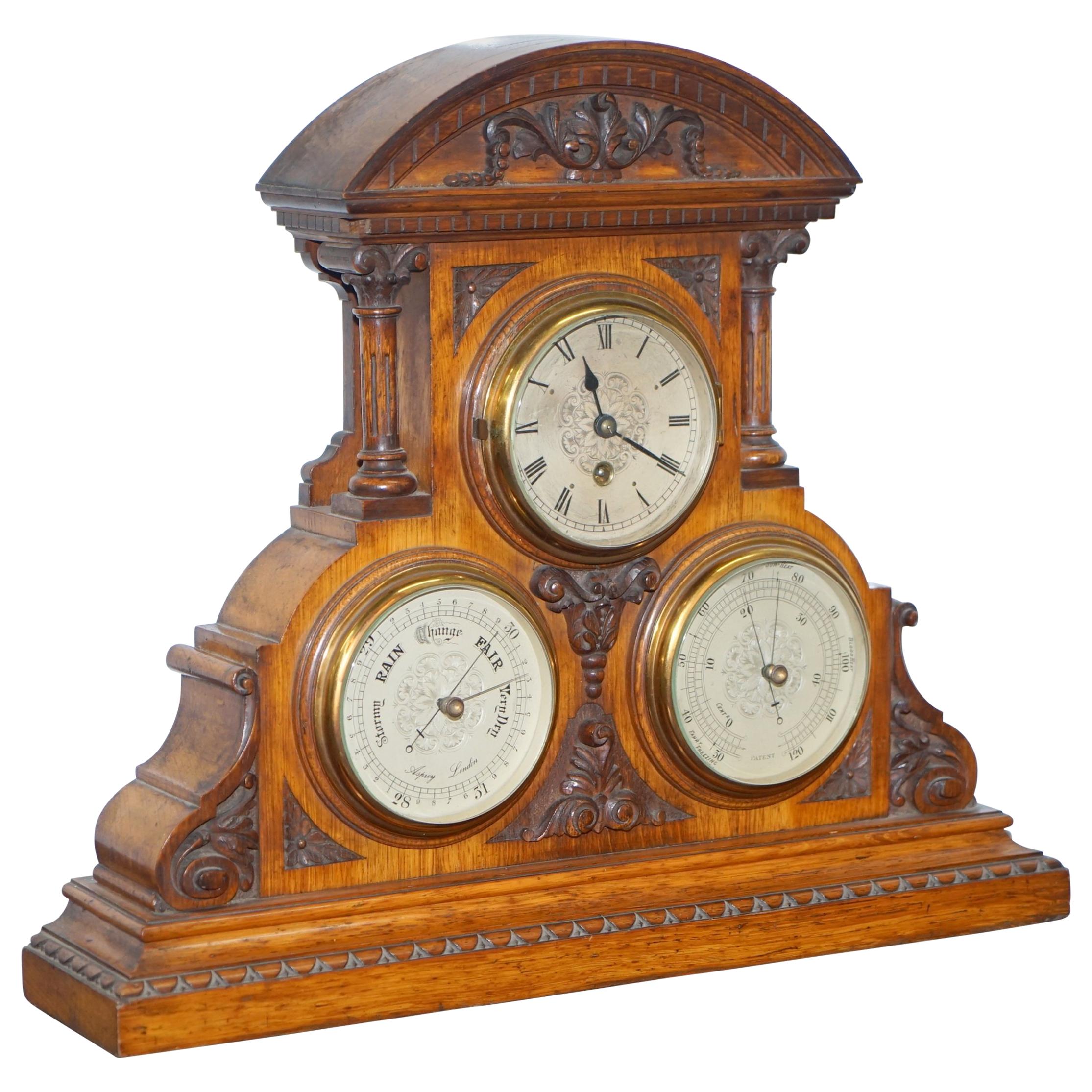 Asprey Victorian Mahogany Cased Mantle Clock Barometer & Thermometer Combination