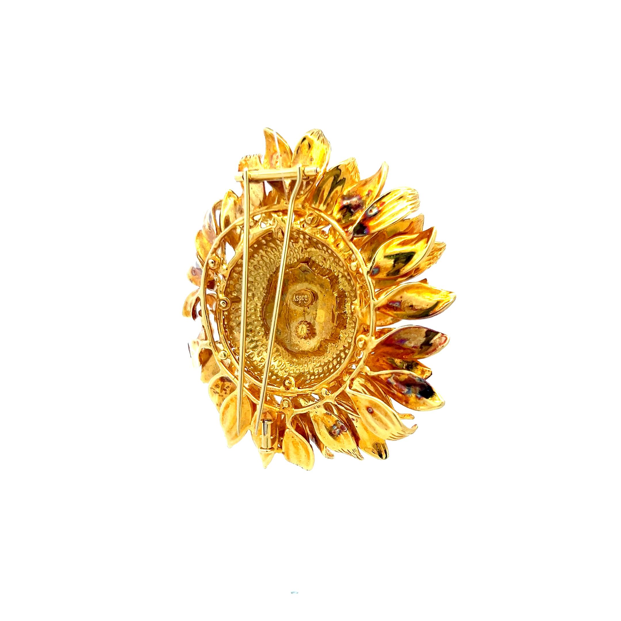 Spilla a girasole in oro giallo 18 carati Asprey Vintage da 66,20 grammi in vendita 1