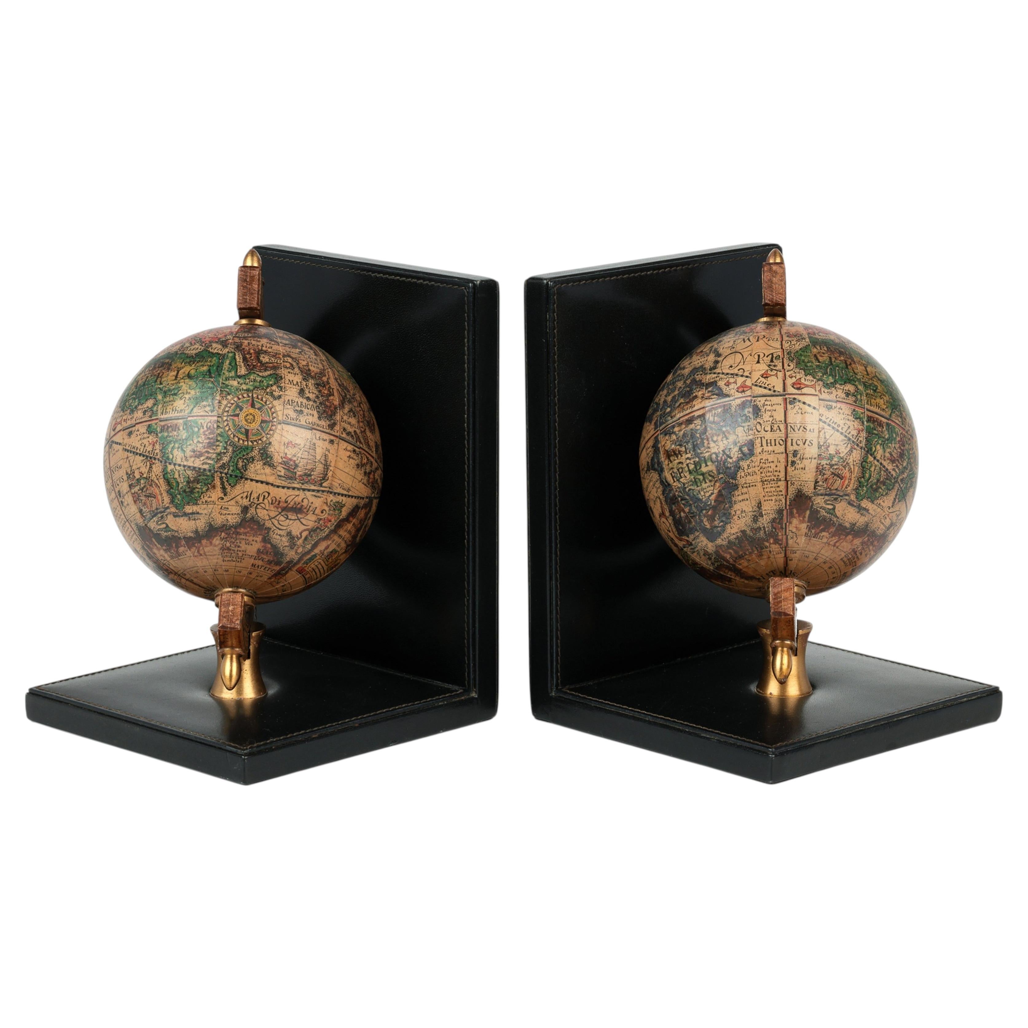 Asprey Vintage Leather Mounted Historical Globe Bookends For Sale