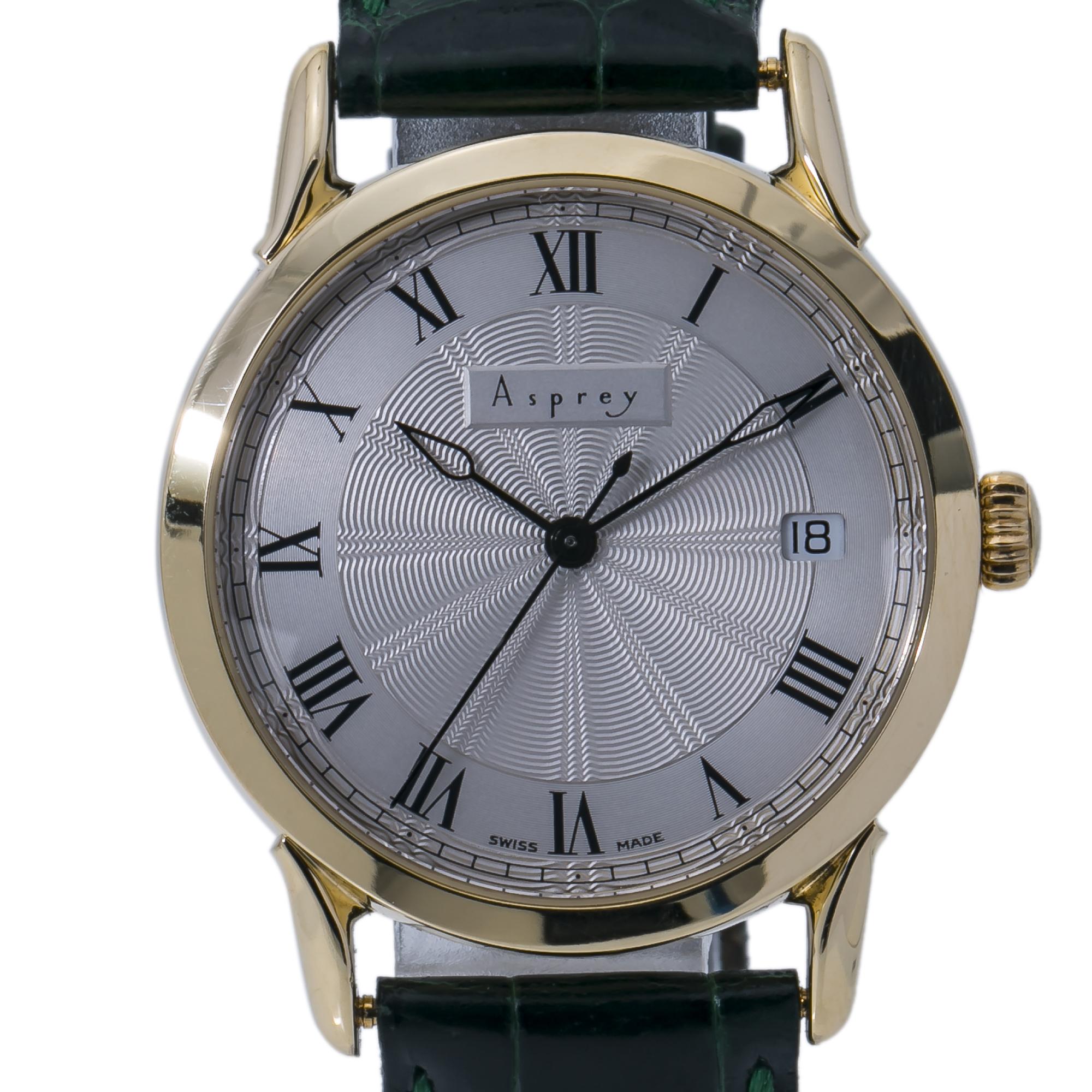 Asprey Vintage Rare Automatic Men's Watch SIlver Opaline Dial 18k YG 35MM