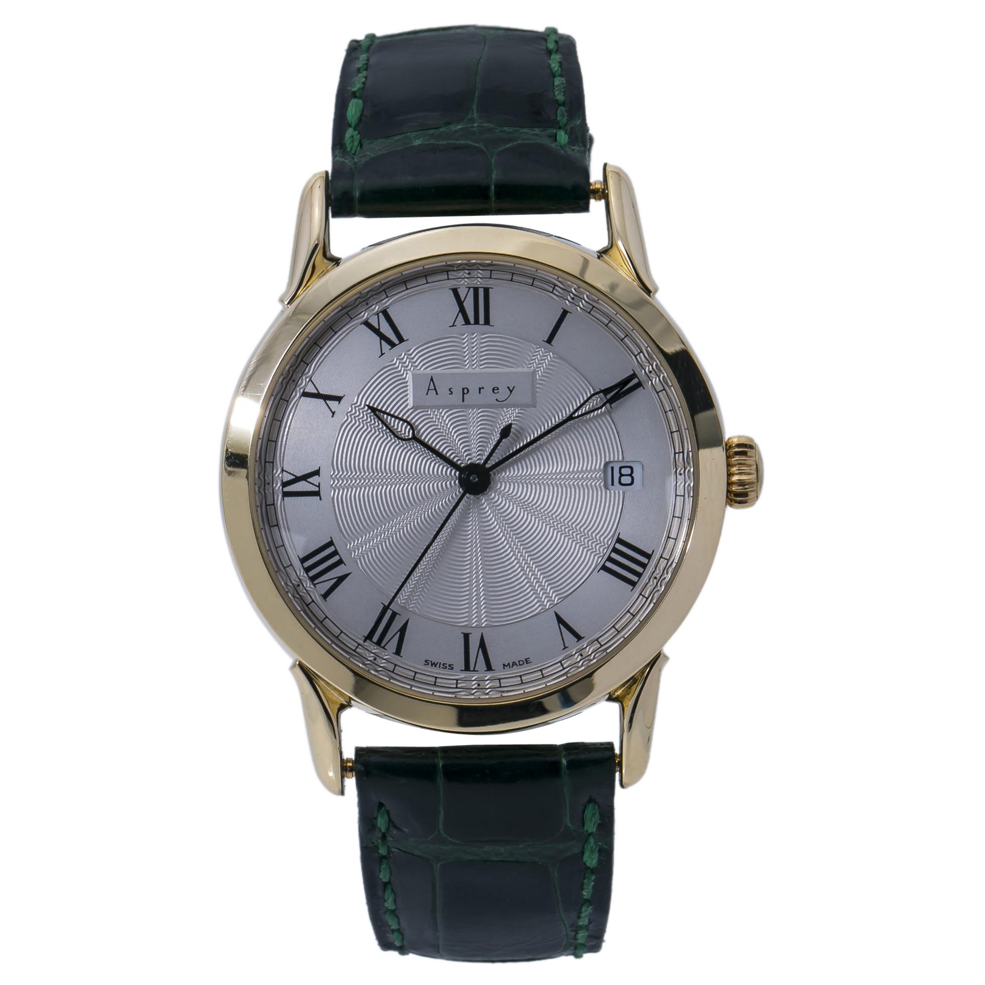 Asprey Vintage Rare Automatic Men's Watch SIlver Opaline Dial 18k YG For Sale