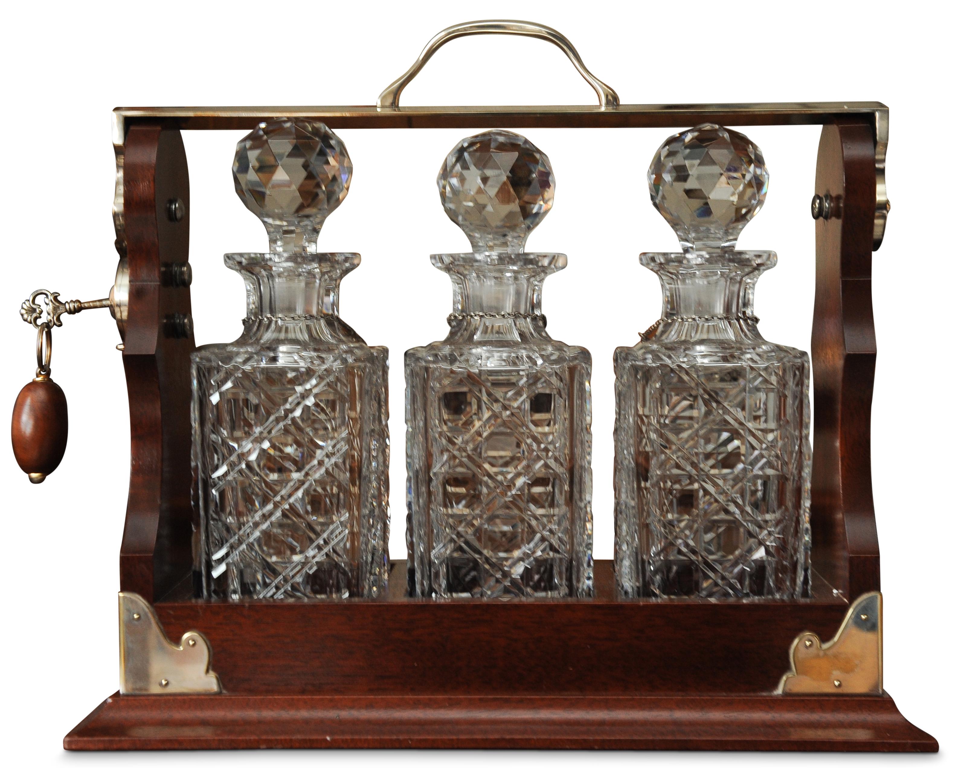 British Asprey's 1920's Tantalus Cut Glass Decanter Set With Matching Silver Collars