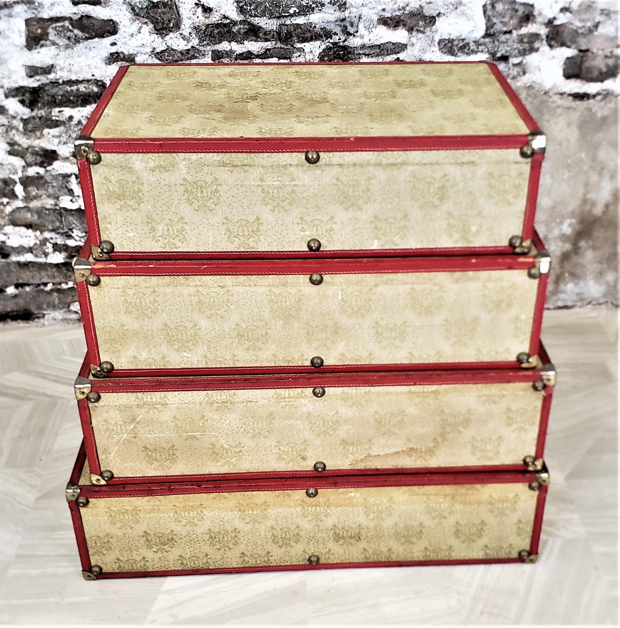English Asprey's of London Set of 4 Graduated Suitcase Set in Red Leather and Cloth