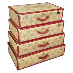 Vintage Asprey's of London Set of 4 Graduated Suitcase Set in Red Leather and Cloth