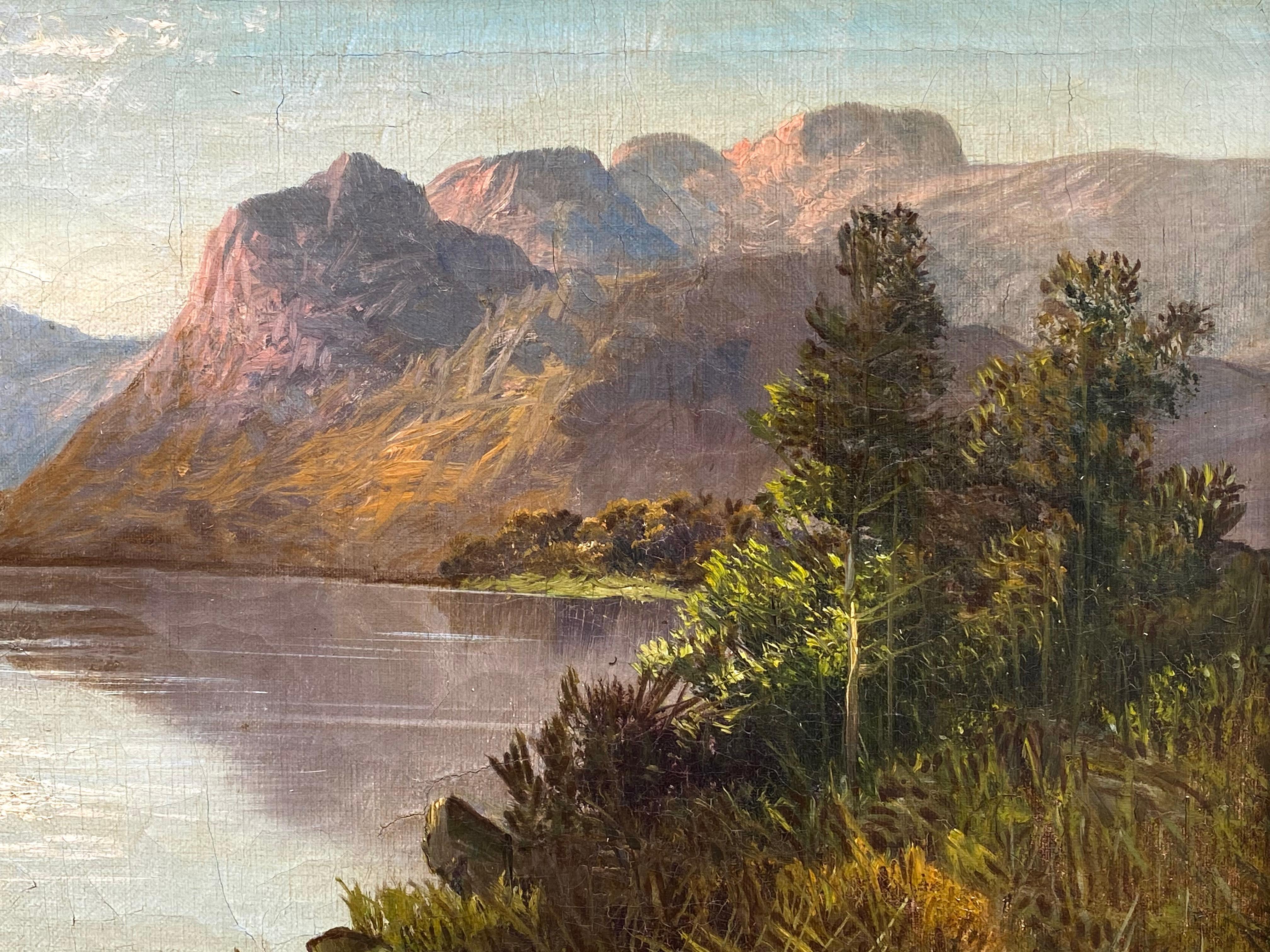 Original Öl auf Leinwand Landschaft mit Bergen und großem See von dem im Libanon geborenen Künstler Assad Ghosn. Signiert unten rechts. Ca. 1920. Der Zustand ist gut.  Das Gemälde ist in einem zeitgenössischen Goldrahmen untergebracht.  Rahmen im