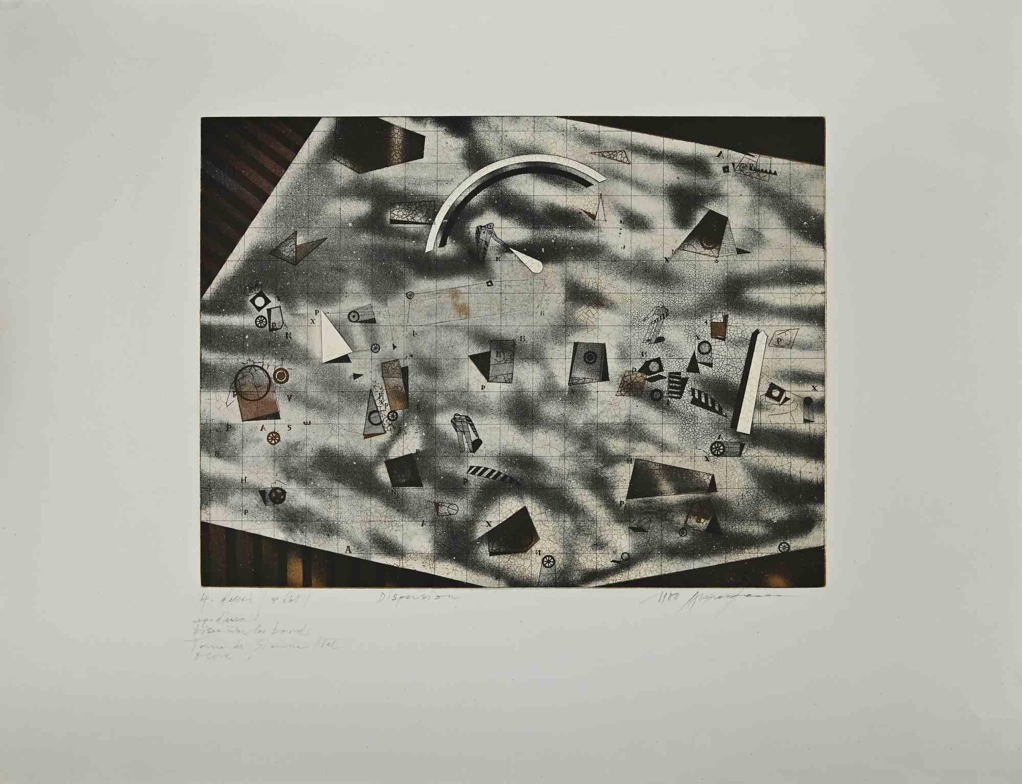  Dispersion is an Etching realized by the Artist Assadour Nasser Assar in 1988.

Hand signed and dated on the right margin, titled "Dispersion" and numbered p.a.

The artwork is depicted through strong strokes in a well-balanced composition.

Good