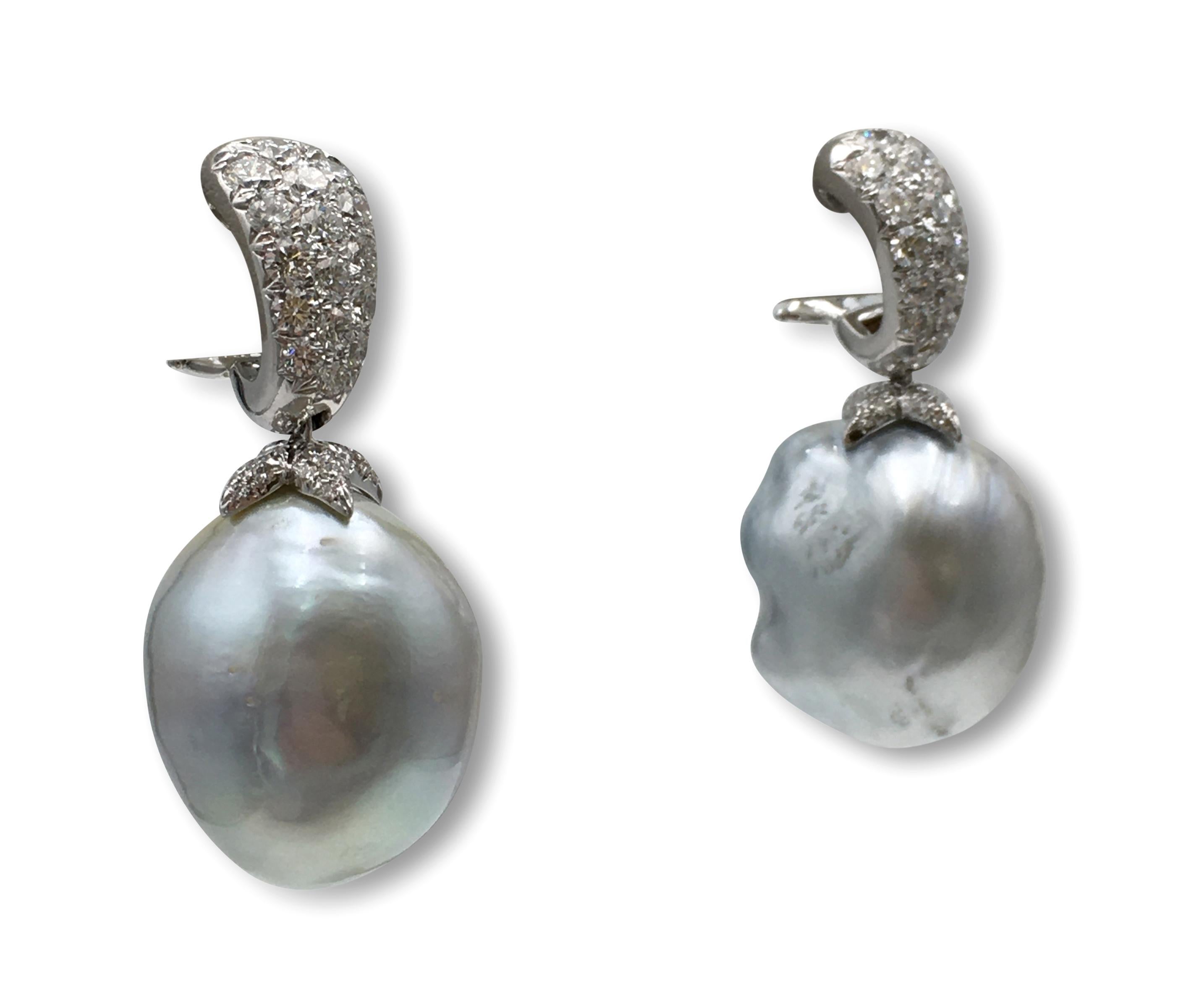 Round Cut Assael 18 Karat Gold Baroque Pearl and Diamond Earrings
