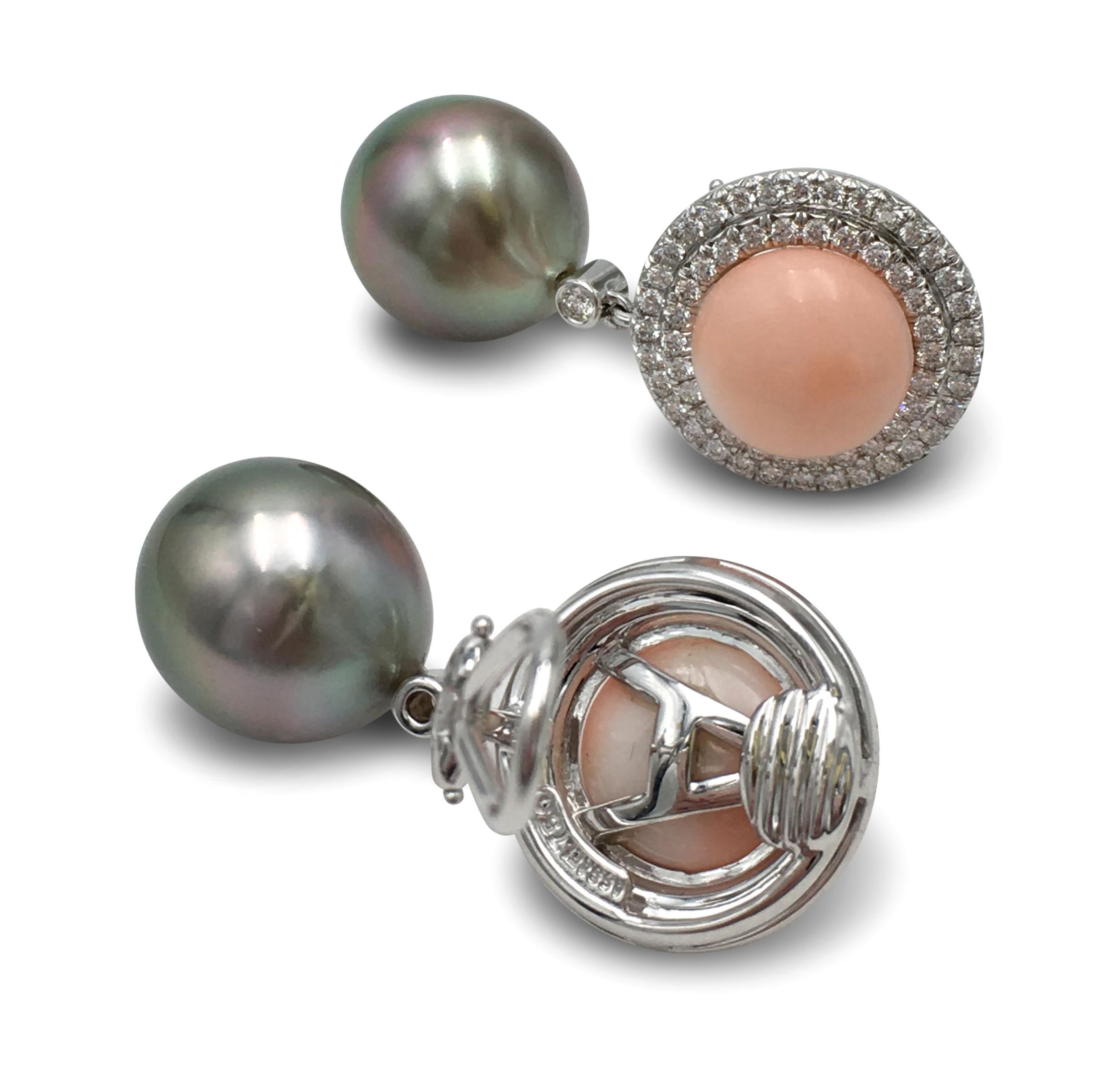 Assael 18 Karat Gold Tahitian Pearl and Coral Earrings In Excellent Condition In New York, NY