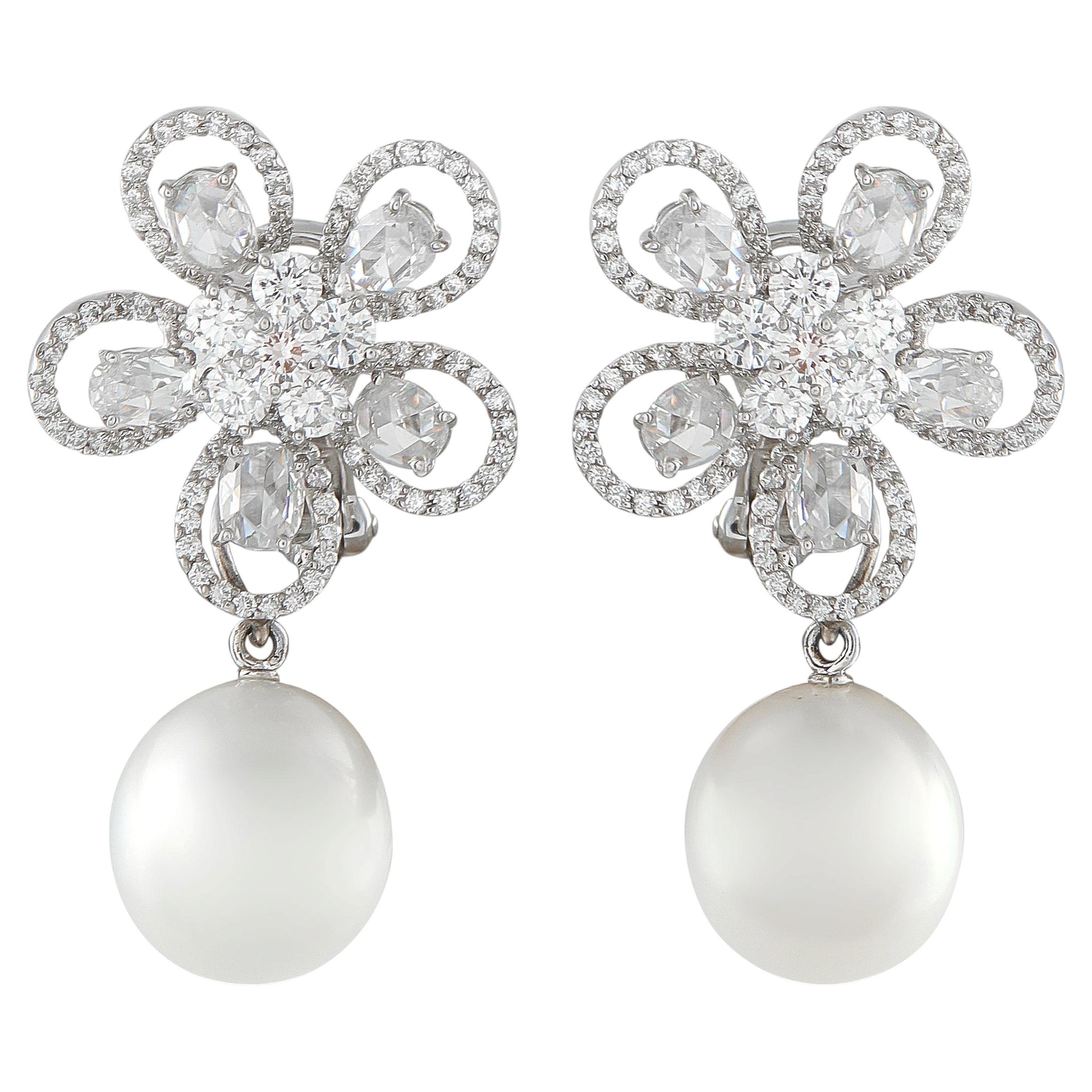 Assael 18K White Gold 5.24ct Diamond and Pearl Clip-On Earrings AS15-050426 For Sale
