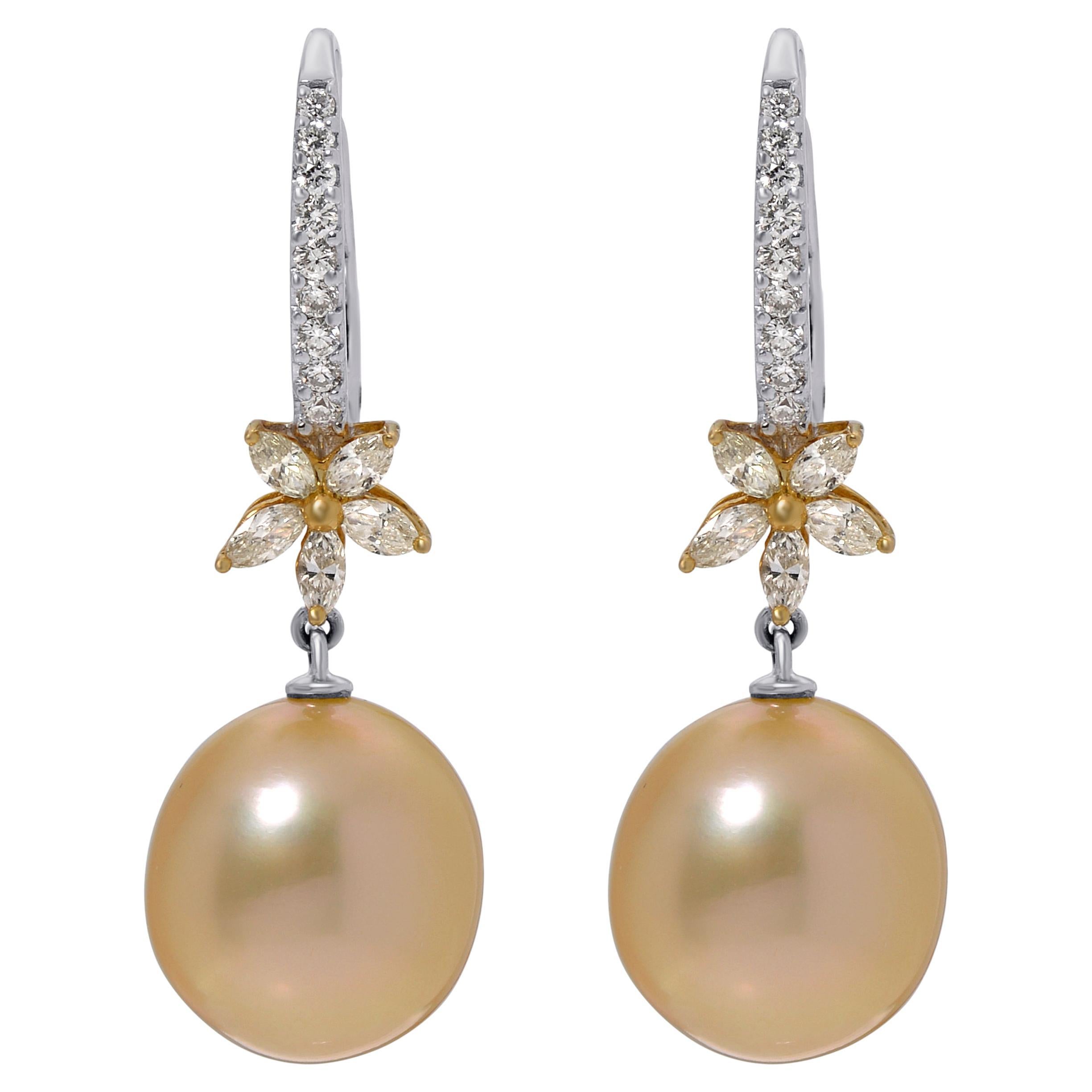 Gold White Pearl Drop Earrings, 18K Yellow Gold, Classic Pearl Earrings